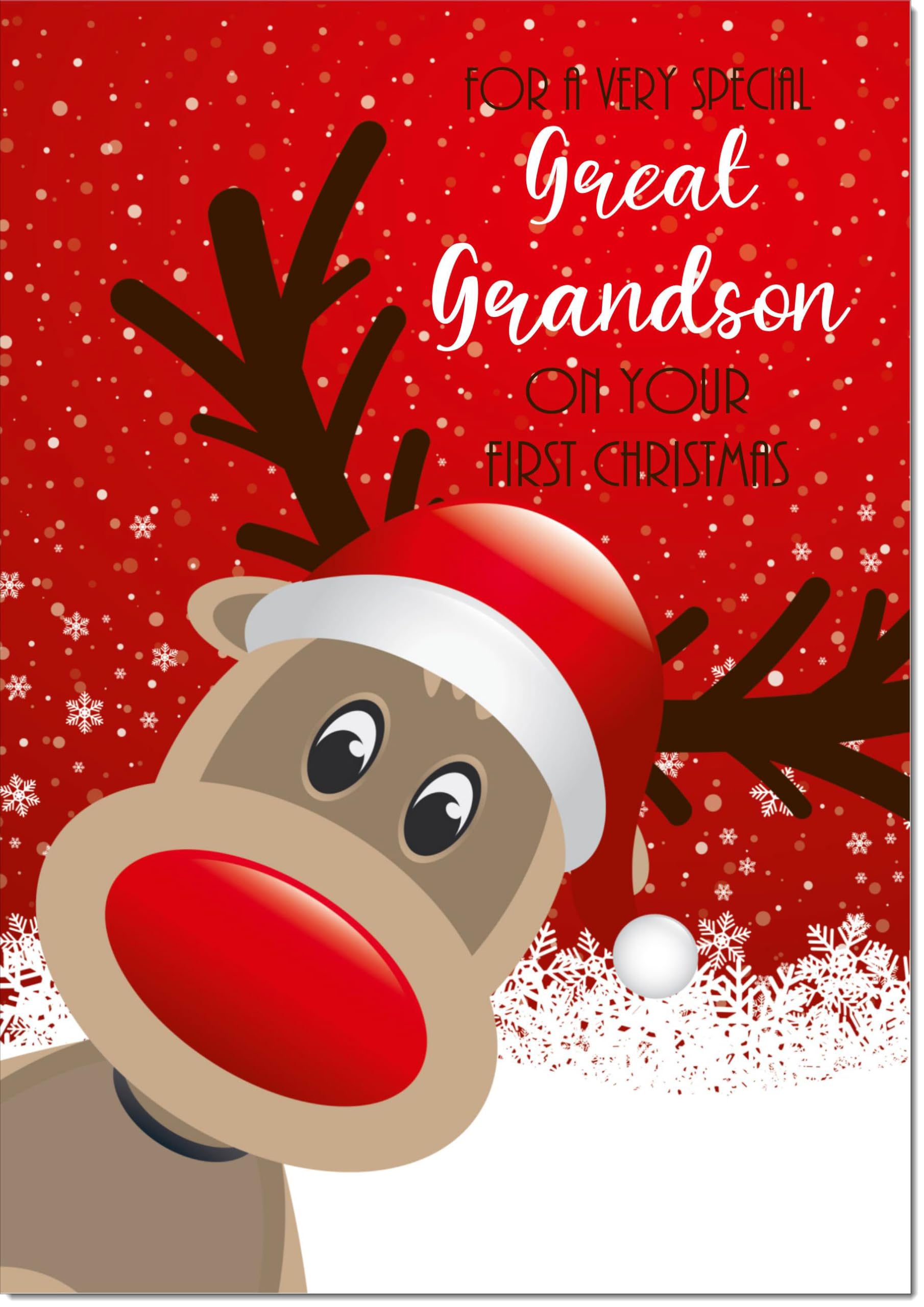 doodlecards Great Grandsons 1st First Christmas Card Rudolph in Snow Large A4 Size Christmas Card for Great Grandsons 1st with Plain Envelope