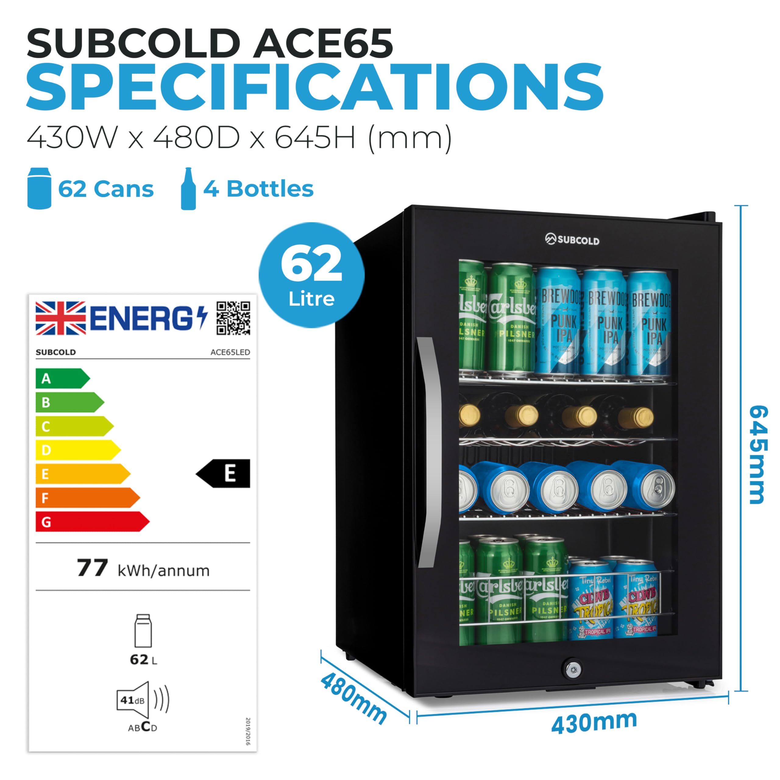 Subcold Ace65 LED Touch Control Beer Fridge With Glass Door