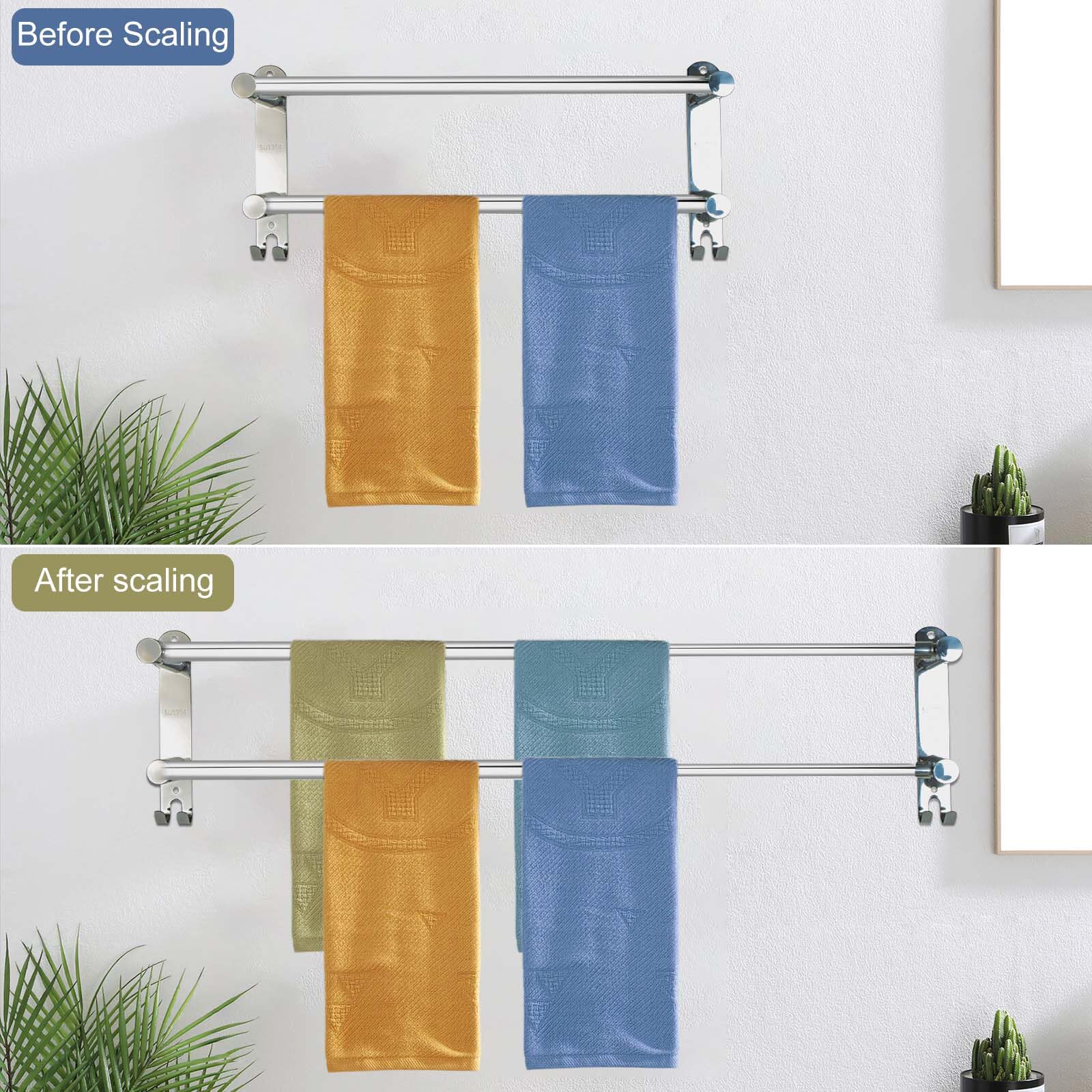 Porte Serviette Murale 2 Barres Porte-Serviettes Telescopique 43-75cm Porte Serviette en Acier Inoxydable Support Serviette Salle de Bain avec Crochets - 2 Méthodes d'Installation - Argent