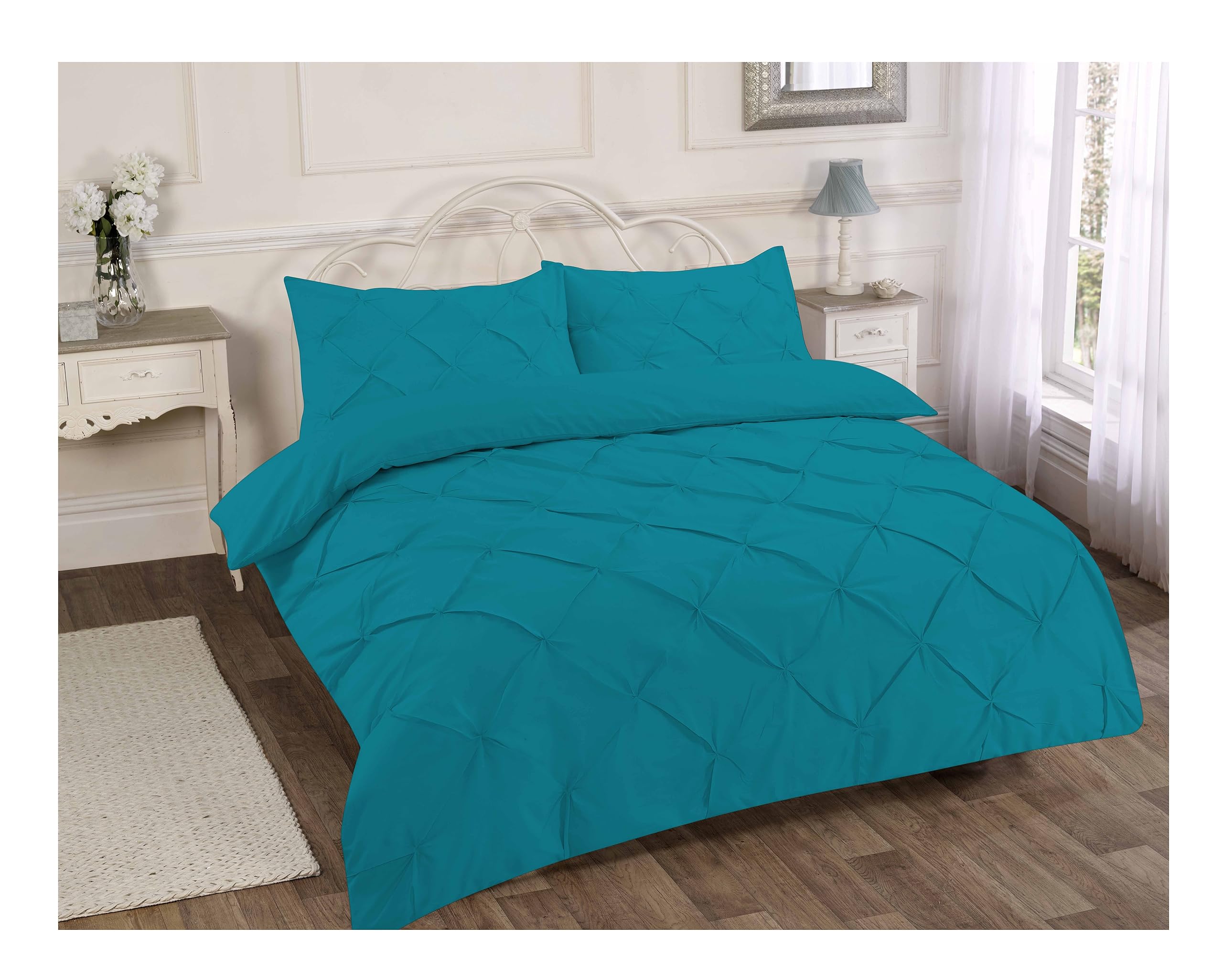 H&F Alexander Duvet Quilt Cover Set Pin Tuck Pinch Pleat Alford Reversible Diamond Bedding Set with Matching Pillowcase UK Size (Super King, Teal)