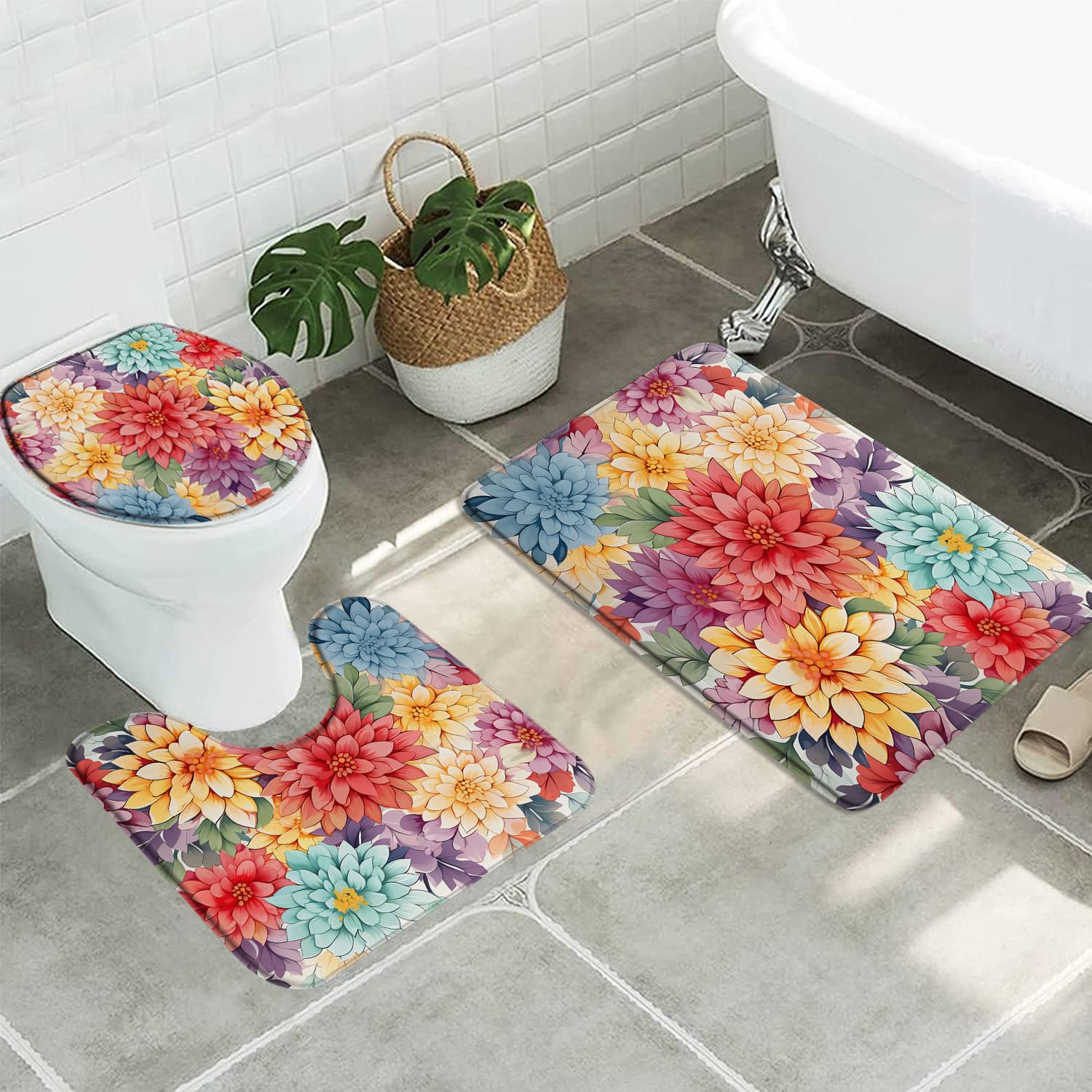 3pcs Dahlia Bathroom Sets with Non-Slip Rug,Toilet Lid Cover and Bath Mat,Spring Colorful Bloom Pink Yellow Blue Purple Flowers Watercolor Bright Tropical Floral Bathroom Carpet Bath Mat Toilet Rugs