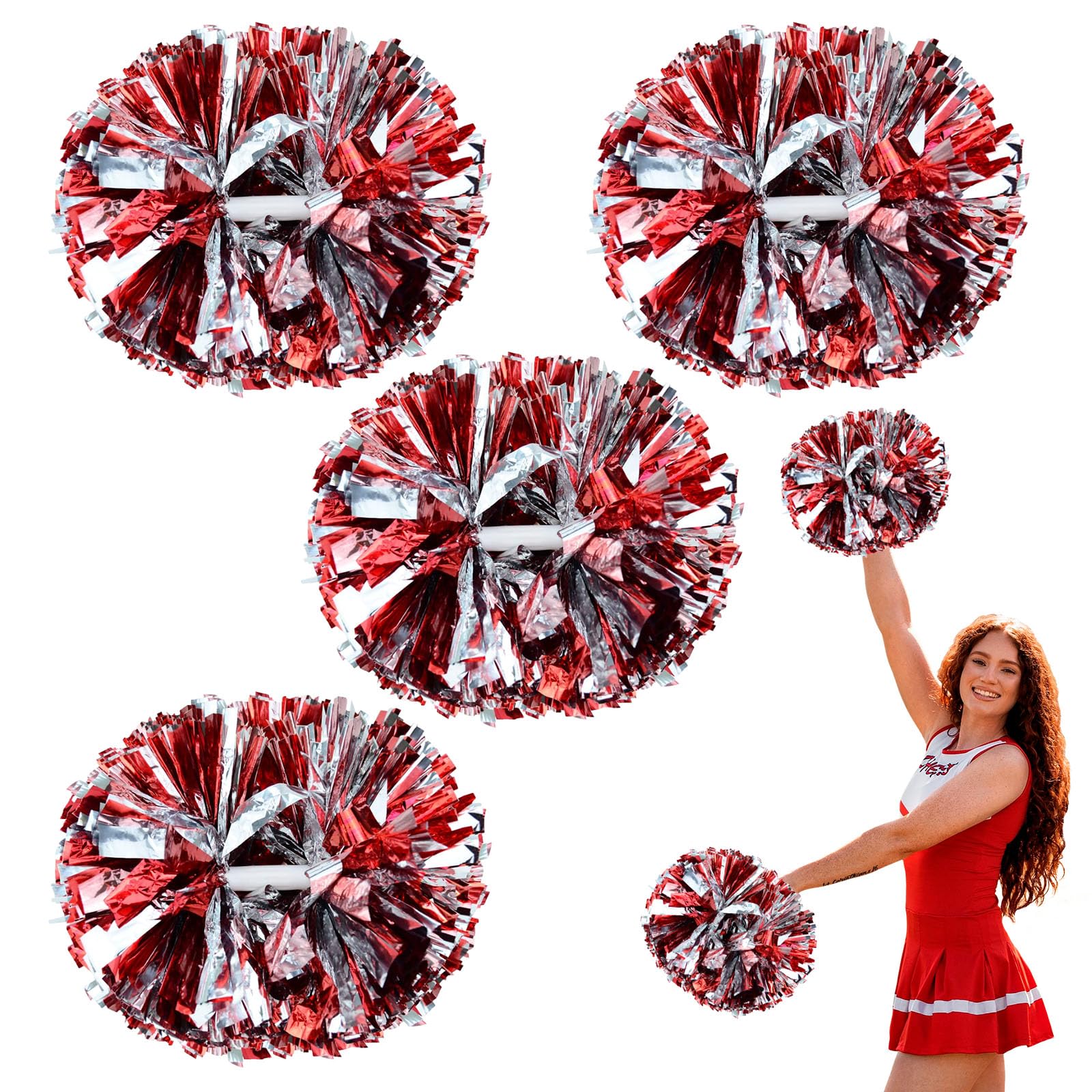 4 Pcs Metallic Cheerleading Pom Poms, 12Inch Cheerleader Pompoms with Baton Handle for School Team Sports Games Dance Cheer