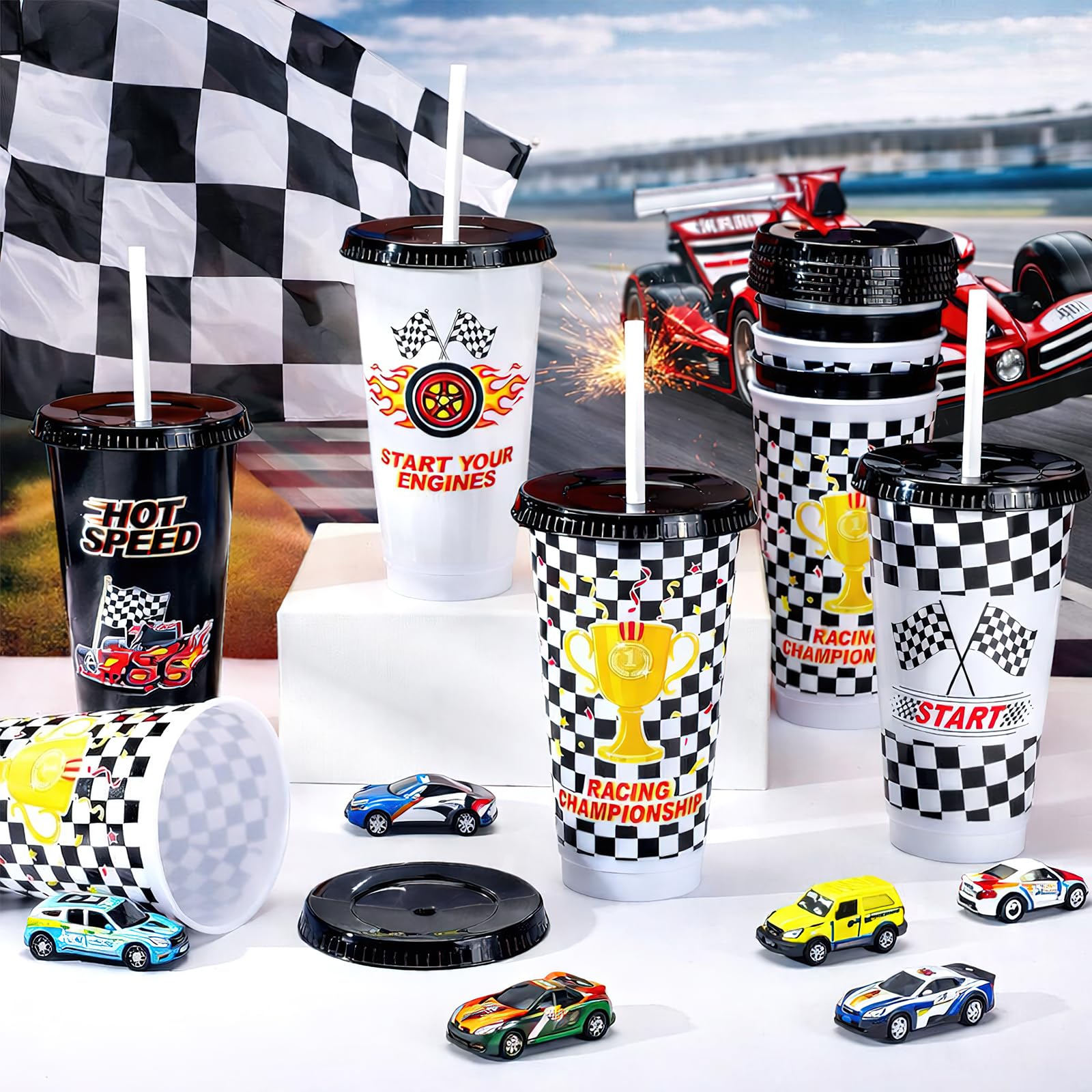 24er Set Rennwagen Partybecher 710ml mit Deckel Strohhalm | Trinkbecher mit Deckel für Kindergeburtstag Auto Motto Party Race Car Deko Mitgebsel