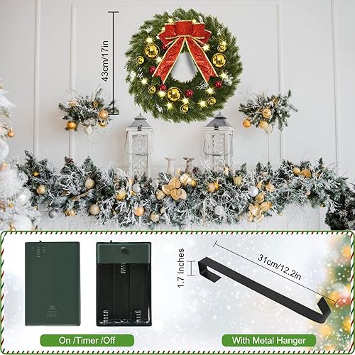 Miniatura 2 de YoleShy Corona de Navidad preiluminada de 17 pulgadas con colgador, lazo y campanas, funciona con pilas, corona de Navidad para ventana, puerta
