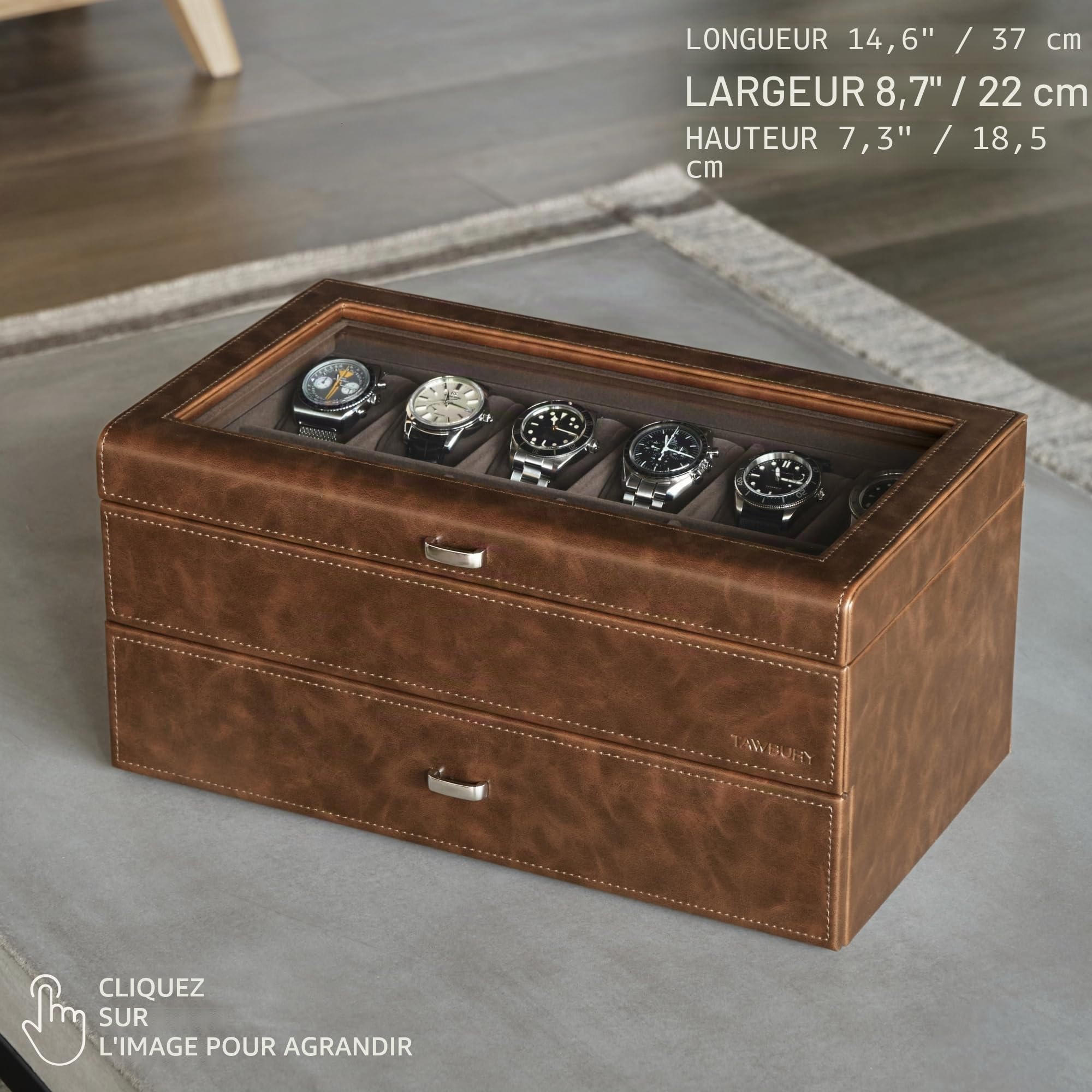 TAWBURY Boîtier de montre extra large à 24 emplacements – Boîtier de montre XL pour homme | Boîtiers de montre pour homme 24 emplacements | Organiseur de montres | Vitrine de montre extra large