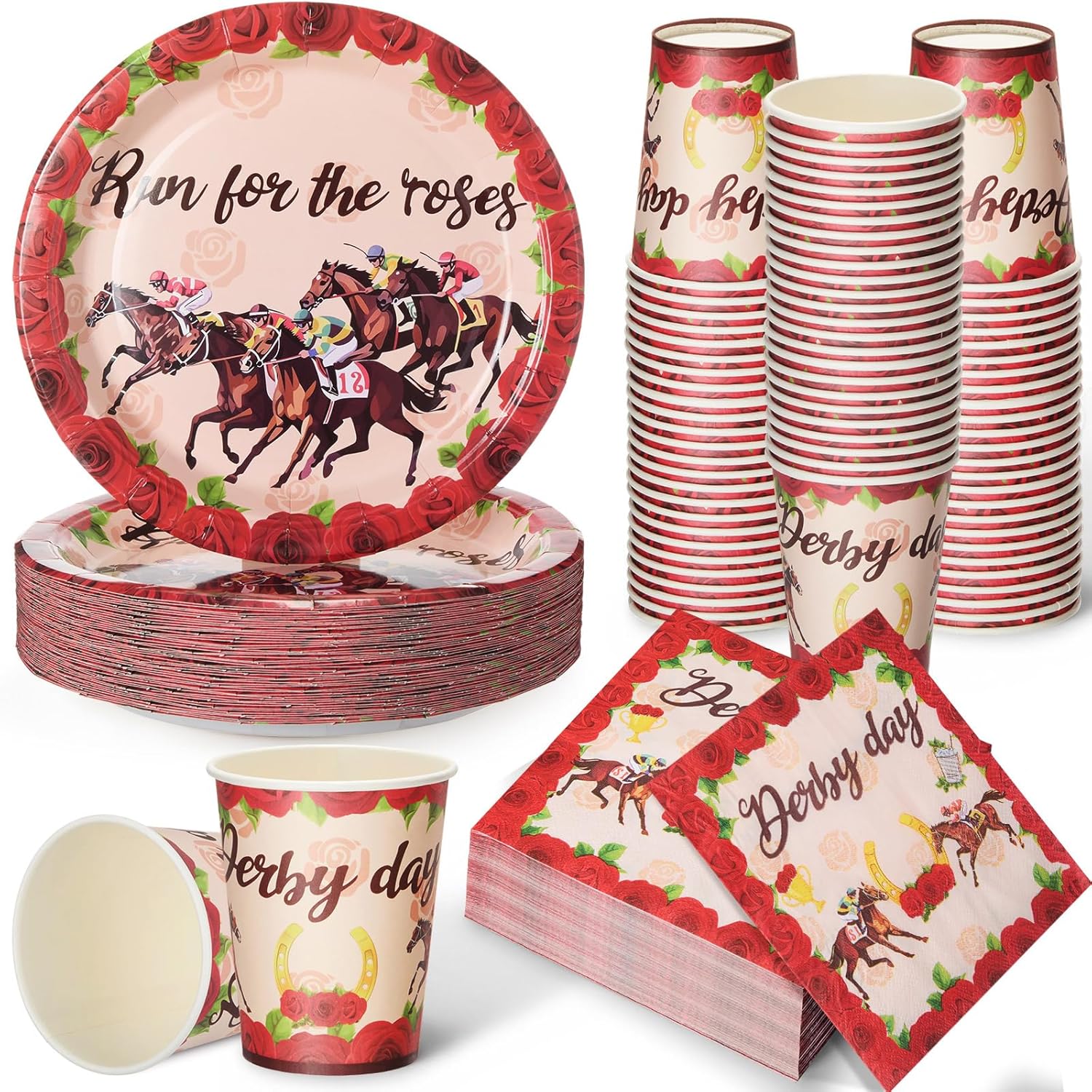 Yungyan 150 Pcs Derby Day Party Tableware Set with 50 Paper Plates 50 Cups and 50 Napkins, Disposable Horse Racing Derby Party Supplies for Horse Race Parties Table Decorations(Rose)
