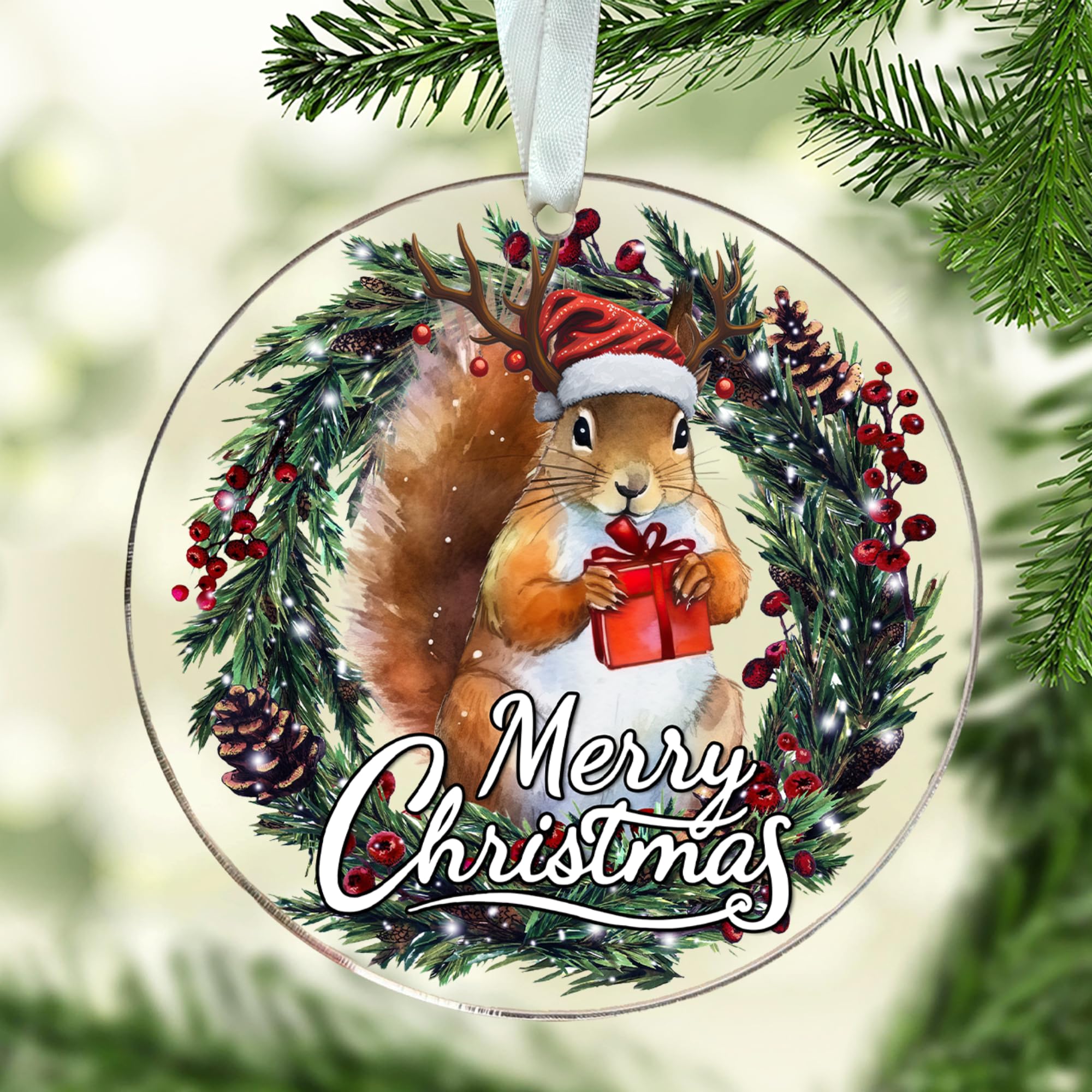Squirrel Ornament - Squirrel Christmas Ornaments, Squirrel Ornaments for Christmas Tree - Squirrel Gifts, Animal Lover Gifts - Gifts for Squirrel Lover - Xmas Hanging Ornament - Acrylic Ornament