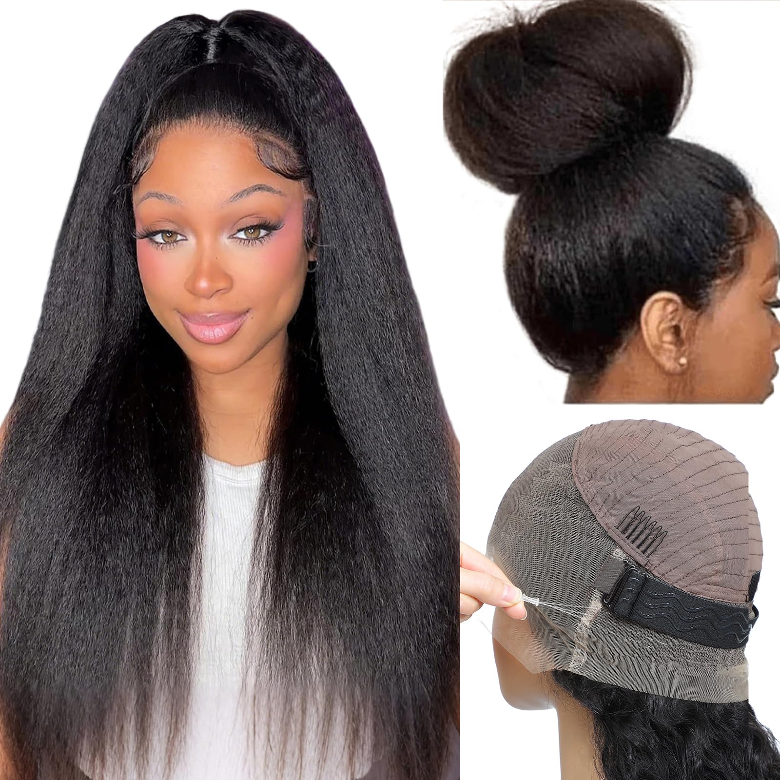 18 inch Kinky Straight Hidden Strap Invisi-Drawstring 220% Density 360 HD Full Lace Front Wigs Human Hair Pre Plucked Pre Cut Yaki 360 Frontal Glueless Wigs Human Hair Can make high ponytail&bun