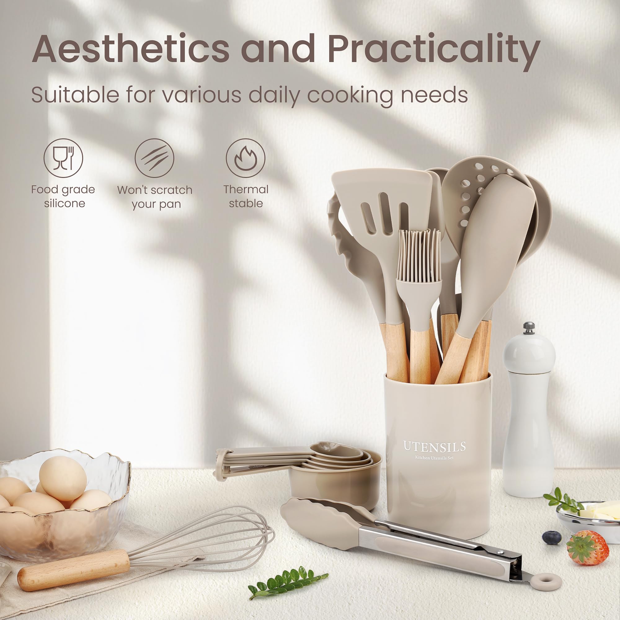 Silicone Cooking Utensils Set with Holder, BPA Free Kitchen Utensils Set for Cooking, 446°F Spatulas Silicone Heat Resistant Wooden Handle Spoon Tongs Non-stick Kitchen Gadgets (Khaki)