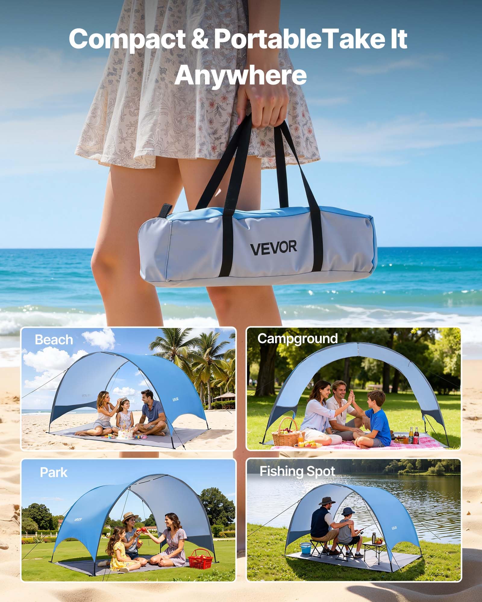 VEVOR Tenda da Spiaggia Antivento per Mare per 3 Persone Portatile con Borsa per il Trasporto e Picchetti, Ombrellone da Spiaggia Leggero e Compatto per Campeggio, Pesca, Picnic, Vacanza al Mare
