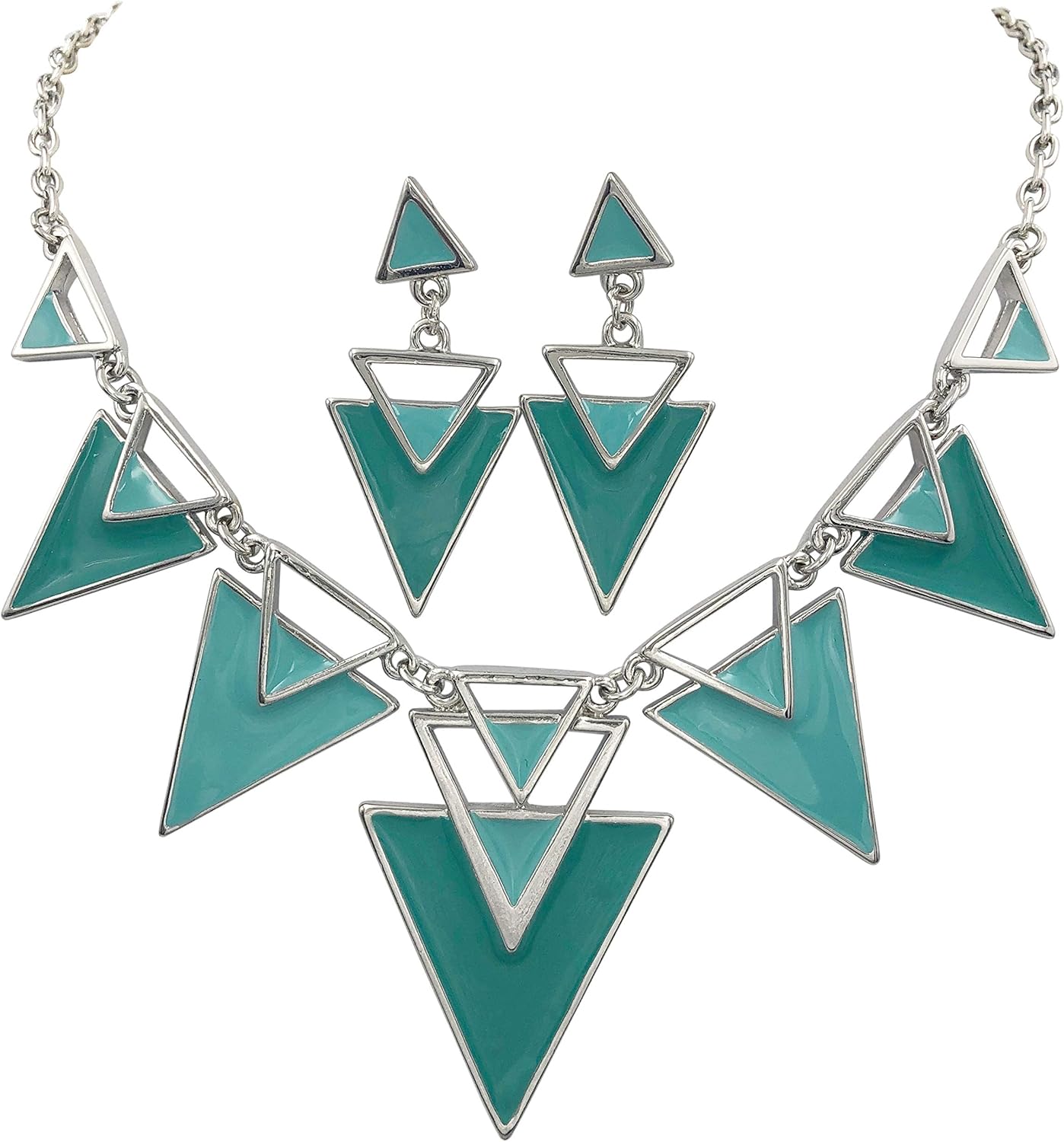 Gypsy Jewels Chunky Big Bold Statement Unique Funky Large Necklace & Earrings Set (Aqua Teal Blue Silver Tone)