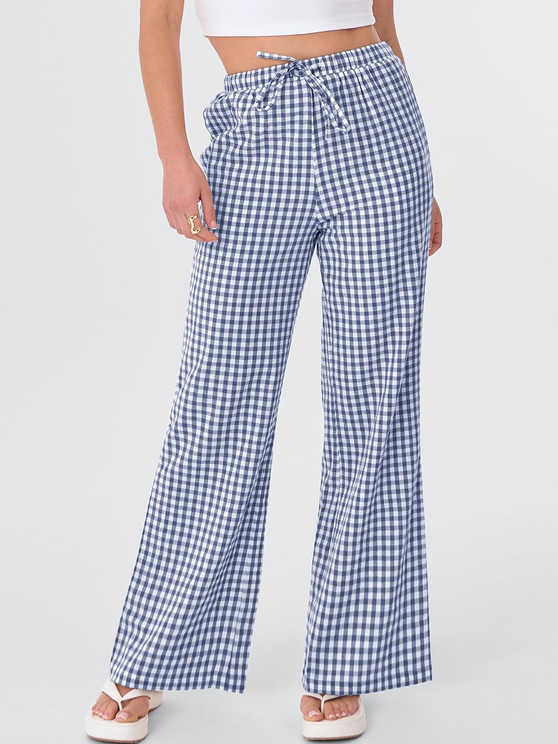 ANRABESS Women's Striped Gingham Pants 2026 Spring Pajama Lounge Boxer Pants Casual Wide Leg Drawstring PJ Bottoms Trousers - Image 2