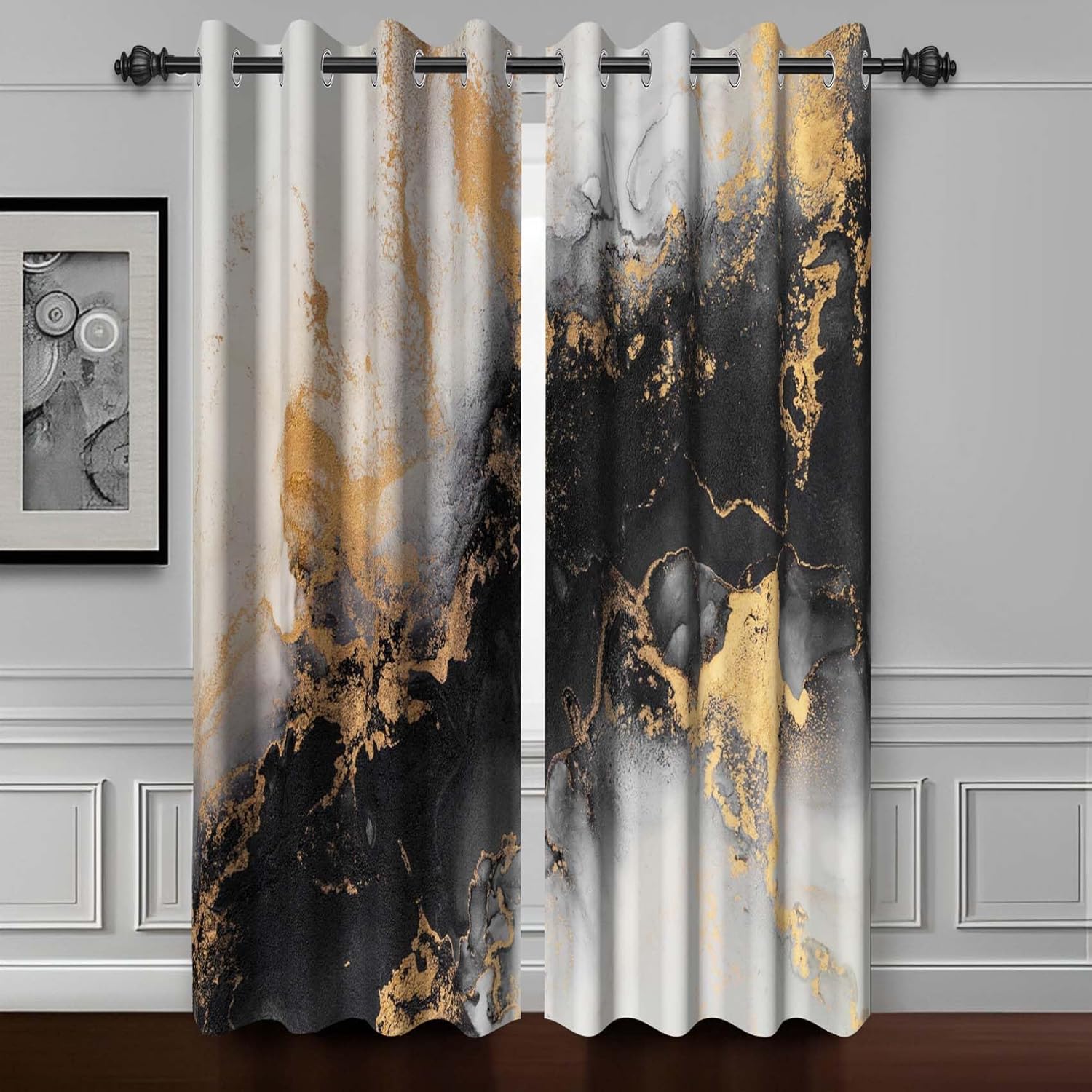 Baocicco Black Grey and Gold Marble Blackout Curtains for Bedroom Living Room Modern Luxury Design Gray and Gold Darkening Grommet Window Drapes Abstract Art Black Gold Curtain 2 Panels 42x108 Inch 42"W x 108"L (Pack of 2) Black Grey Gold
