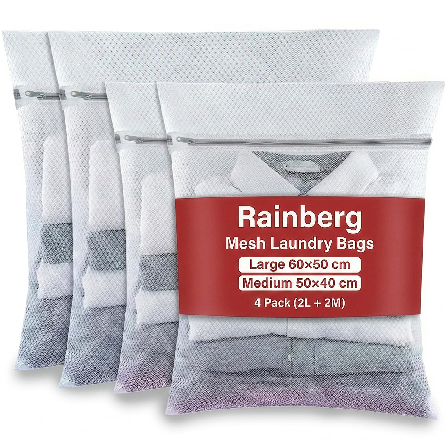 Rainberg Mesh Laundry Bags for Washing Machine, Large 60x50cm and Medium 50x40cm, Durable with Zip Reusable Clothes Washing Bags for Travel and Storage, White, 4 Pack (4 Pack (2L + 2M))