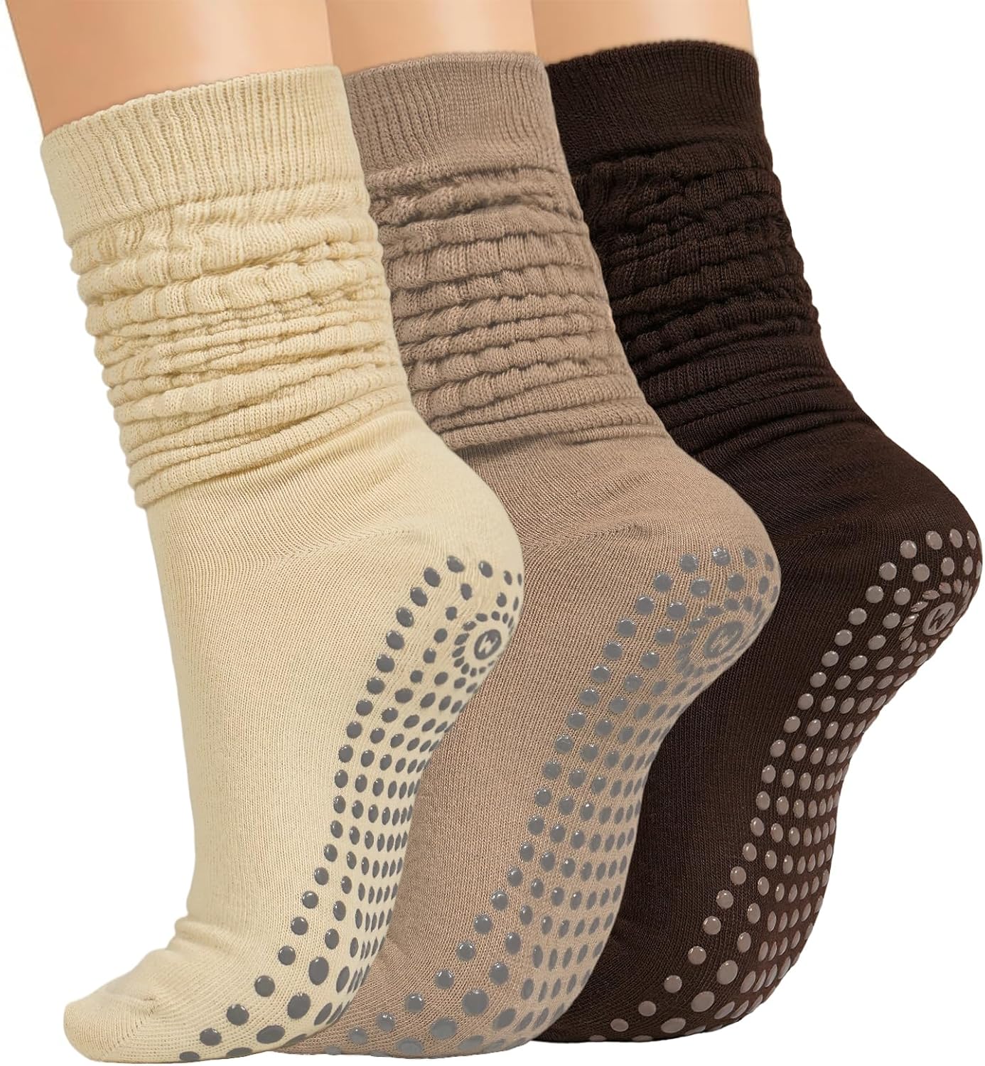 3 Pairs Grip Pilates Socks for Women Yoga Scrunch Socks with Grips for Barre Workout Hospital Long Slouch Sock