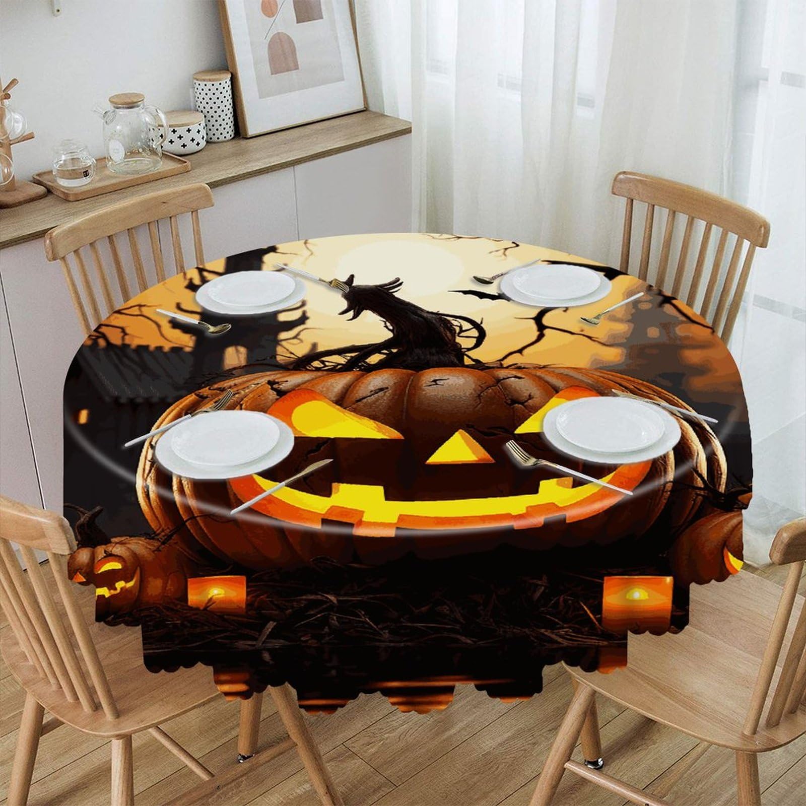 Btcowzrv Style Halloween Pumpkin Polyester Round Tablecloth 59.84 Inch, Decorative Washable Table Cover, Table Cloth For Restaurant Picnic Indoor And Outdoor Dining