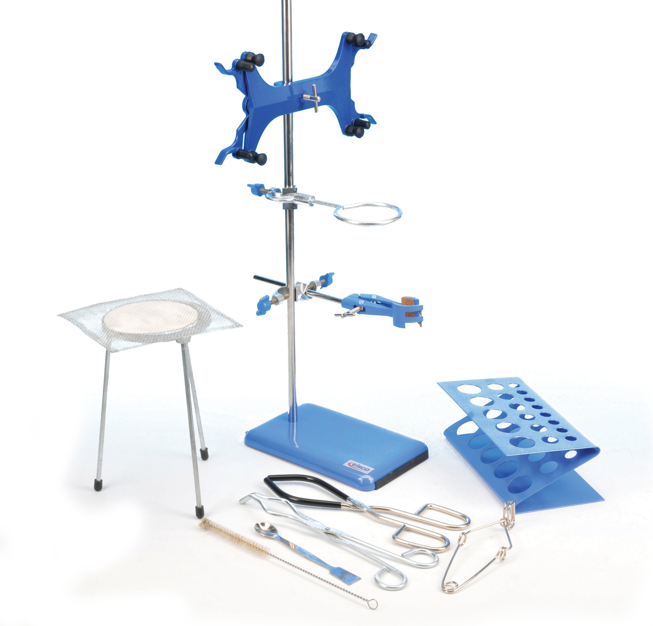 Kit di base da laboratorio di ricerca: include asta da 60 cm, base storta da 20 cm x 13 cm, pinze per bicchieri, pinze per crogiolo, morsetto per burette/provetta, supporto ad anello (e molto altro