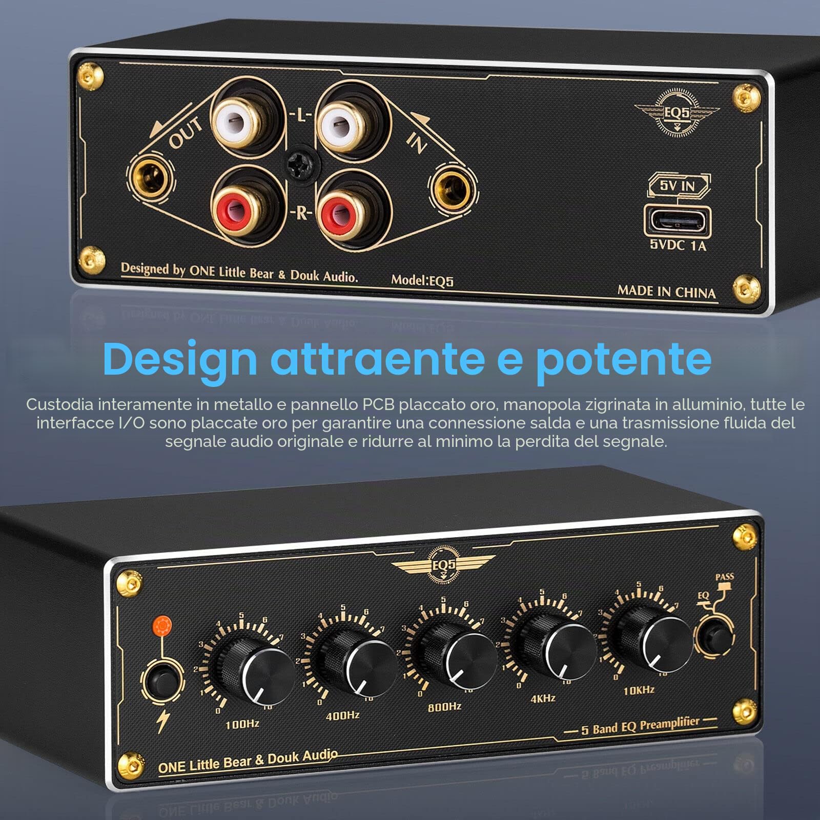 Douk Audio EQ5 Mini amplificatore a 5 bande EQ Preamp stereo analogico, equalizzatore portatile Audio Processor for Home/Car (EQ5)
