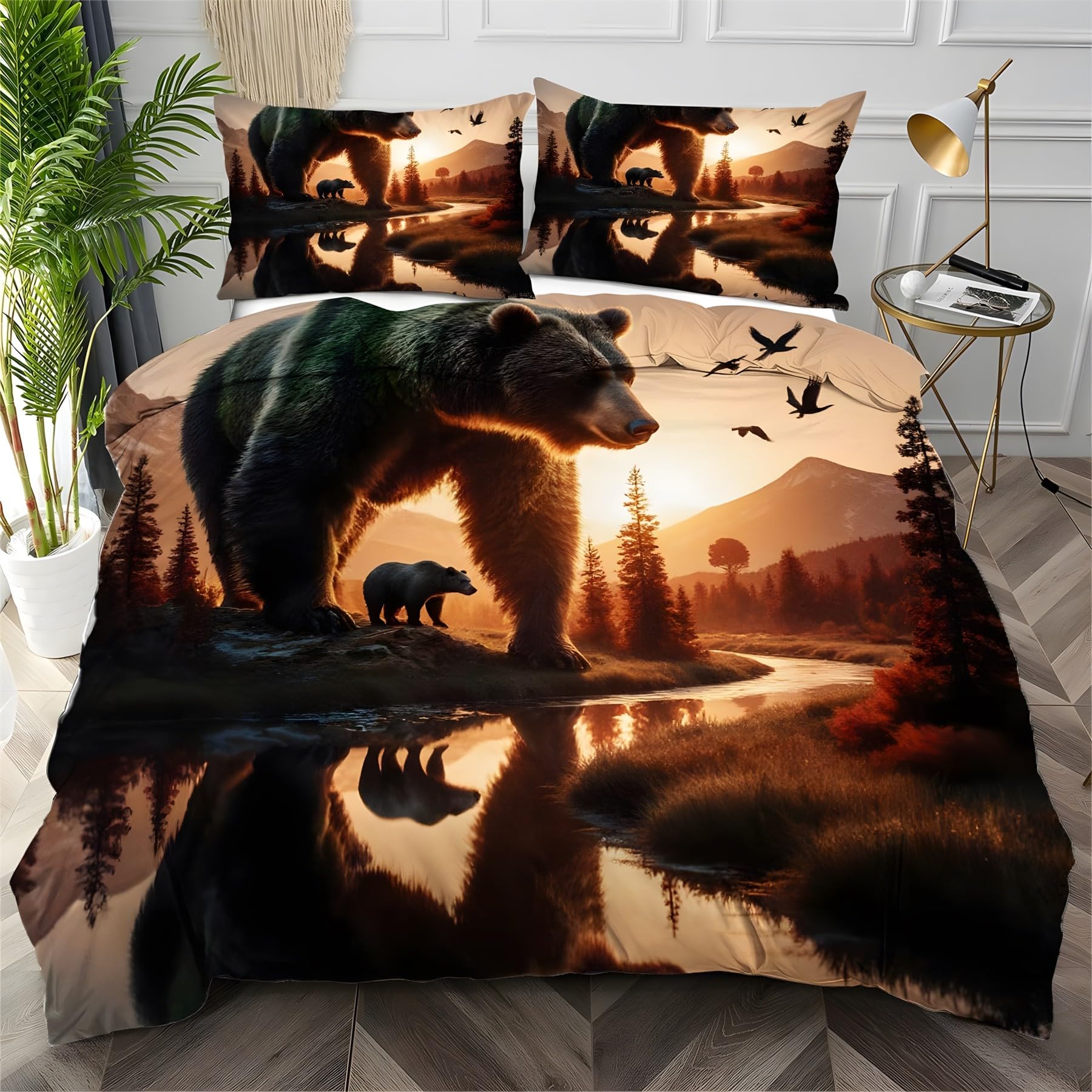 Housse de couette 240x260 ours bruns et 2 taies 65x65 en microfibre pour adulte