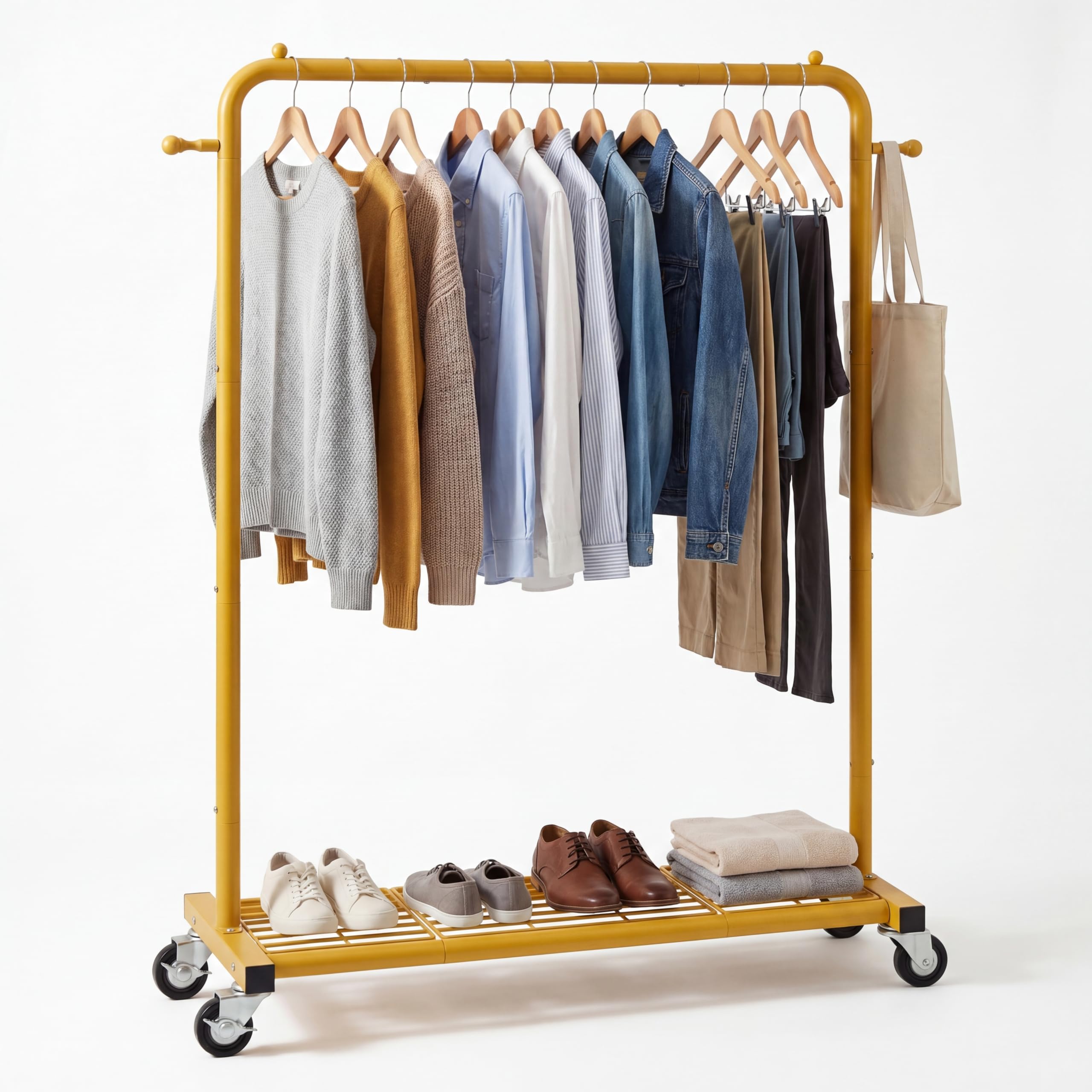 Sywhitta Clothing Rack on wheels, Clothes Rack with Bottom Mesh Storage Shelf,Sturdy Metal Frame,for Hanging Clothes,Coats,Skirts,39.76 "W x 16.06" D x 63.78" H,Gold Yellow