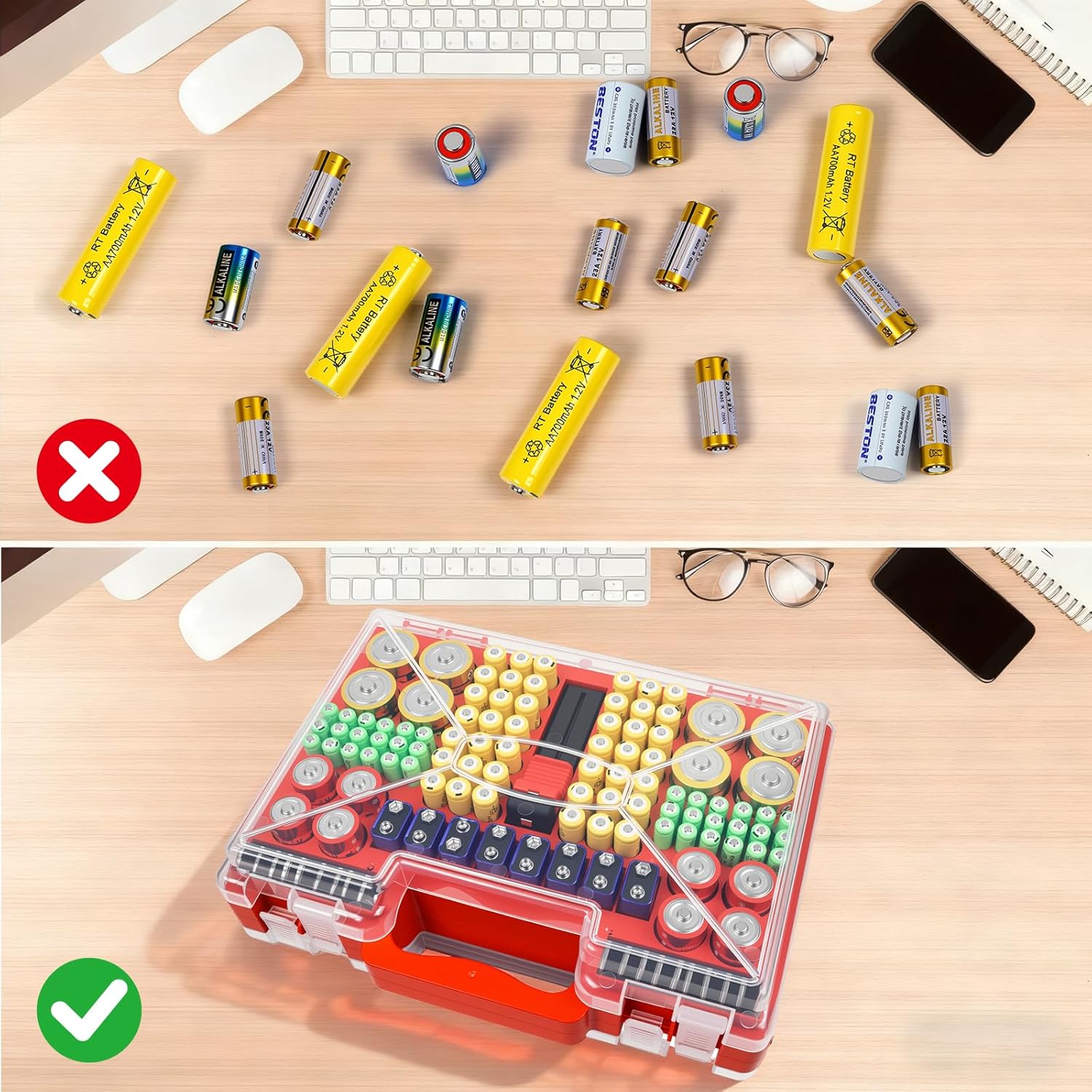Battery Organizer Storage Case with Tester, Stores 185+ Batteries, Double-Sided with Clear Locking Lid - Red