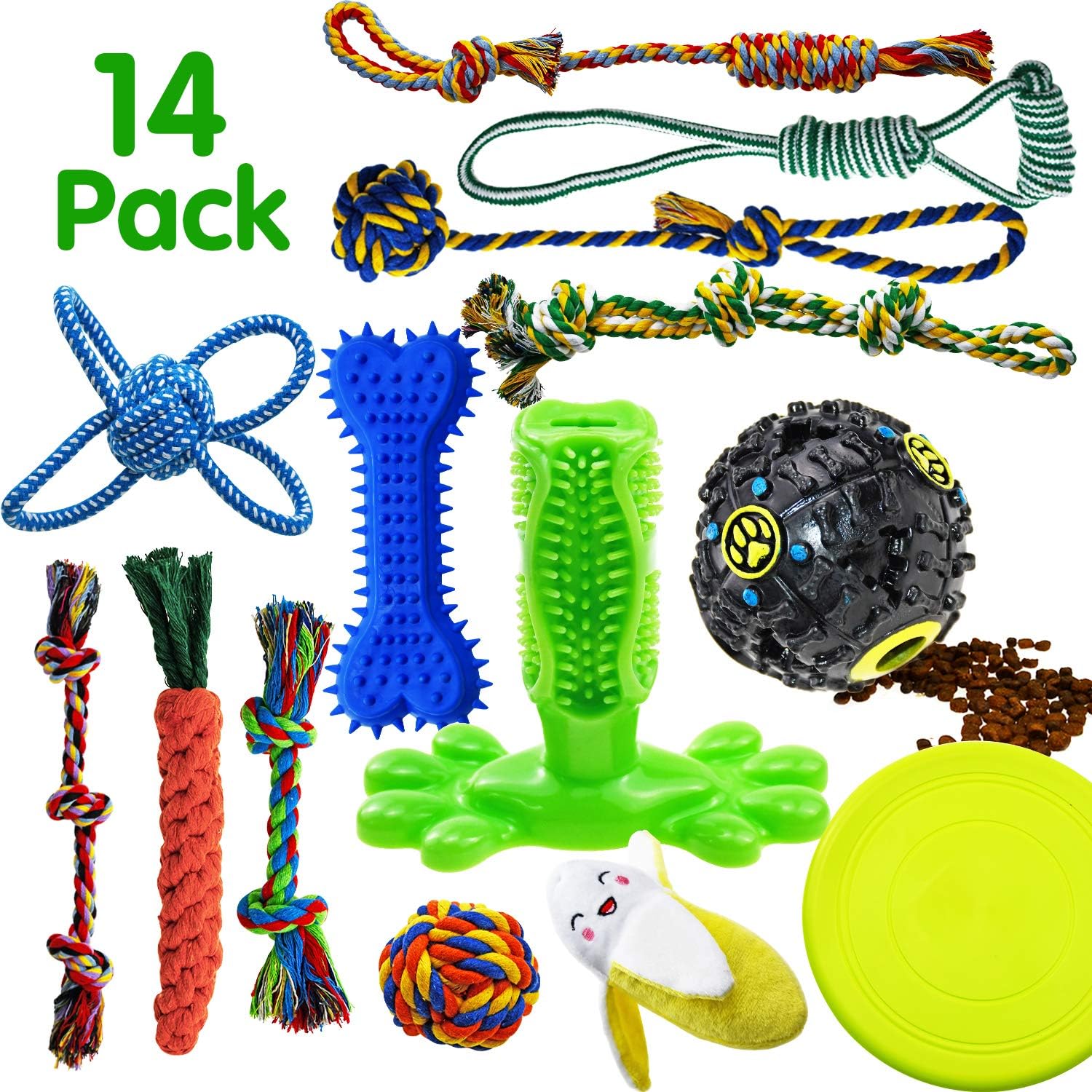 SHARLOVY Dog Chew Toys for Puppies Teething, 14 Pack Natural Cotton Dog Rope Toys with Ball Knot Tug of War Dog Toy iq Treat Ball Rubber Bone Durable Dog Chew Toys for Small Dogs Pet Toys Rope