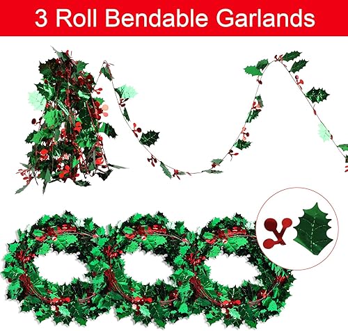 Miniatura 7 de CCINEE Guirnalda de alambre de Navidad de 75 pies, 3 rollos de guirnaldas de oropel de hojas rojas y verdes para decoración de árbol de Navidad,