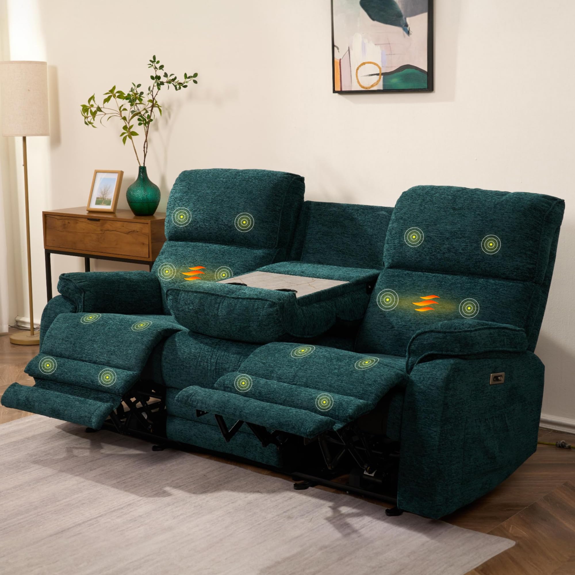 FLEXISOPT XS4 Power Reclining Loveseat Sofa w/Massage & Heat, Zero Gravity Electric Home Theater Seating w/Console, Charging Ports, Cup Holder, RV Reclining Sofa Set for Living Room, Chenille Teal