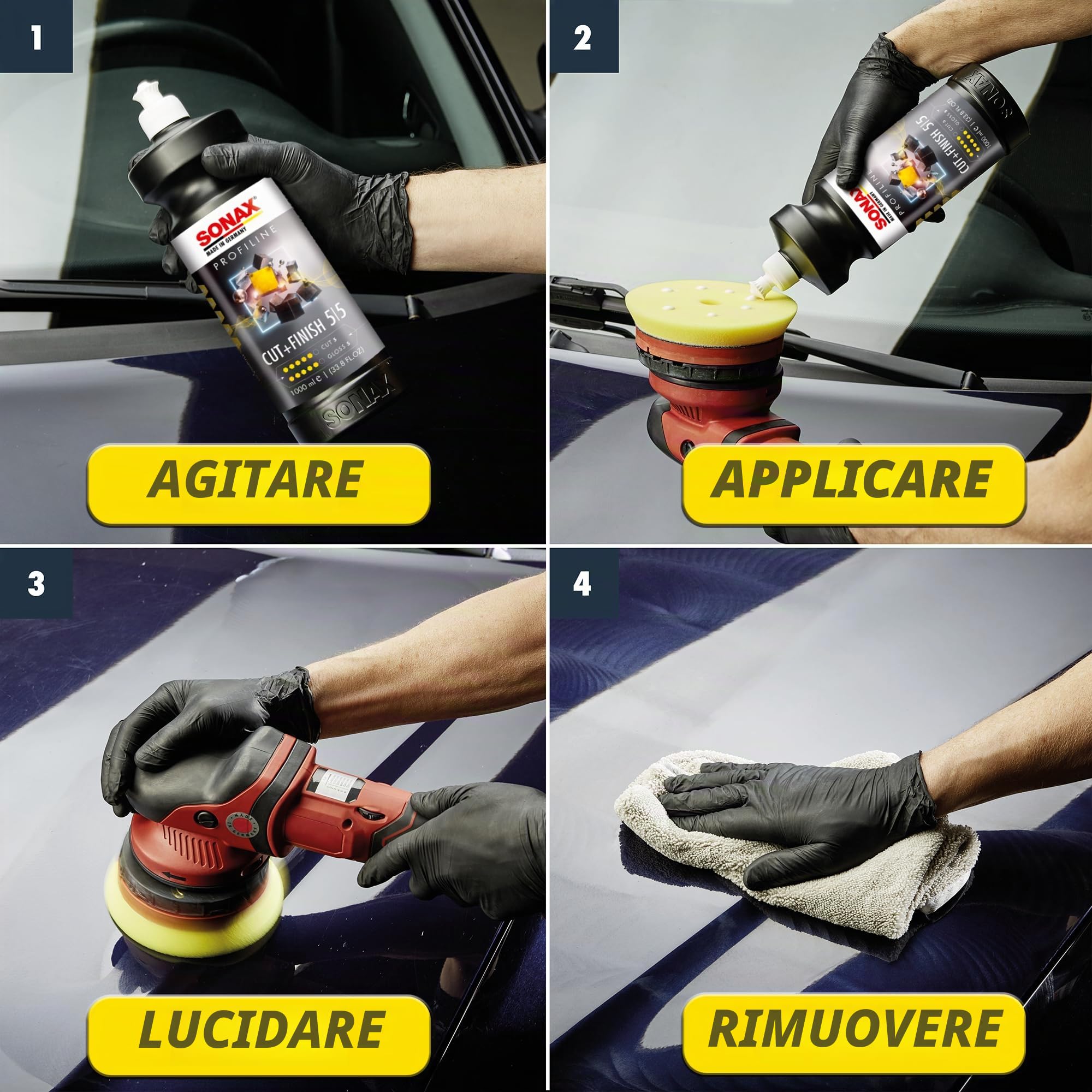SONAX PROFILINE Cut+Finish (250 ml) offre una lucidatura rapida e pulita, con finitura brillante per graffi di media entità | Art. N. 02251410
