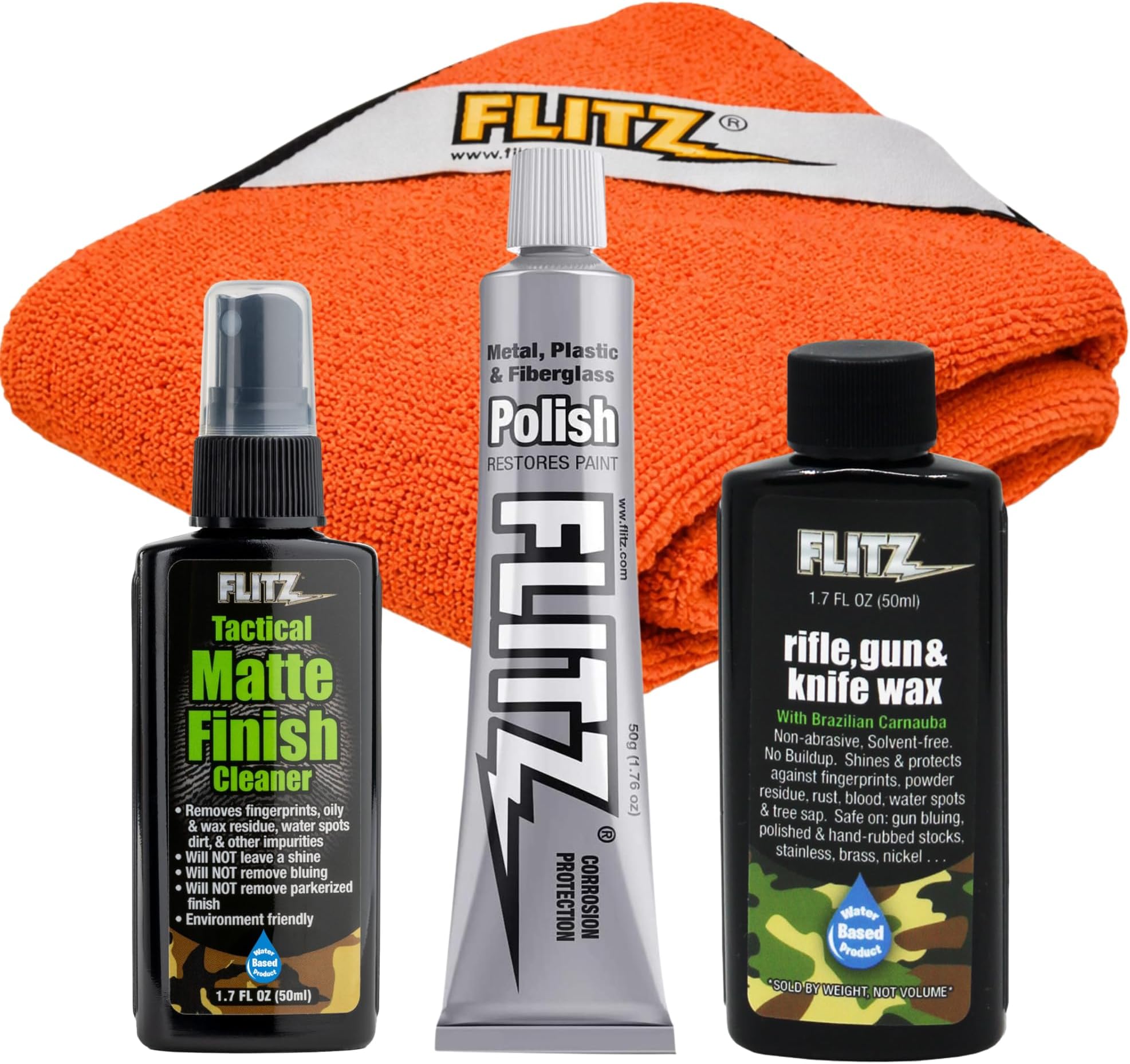 Gun & Knife Care Kit - USA-Made All-in-One Knife Cleaner & Polishing Tools - Includes 1.76oz Polish, 1.76oz Wax, 1.7oz Matte Finish Cleaner, & Microfiber Cloth - Gun Cleaning Kit