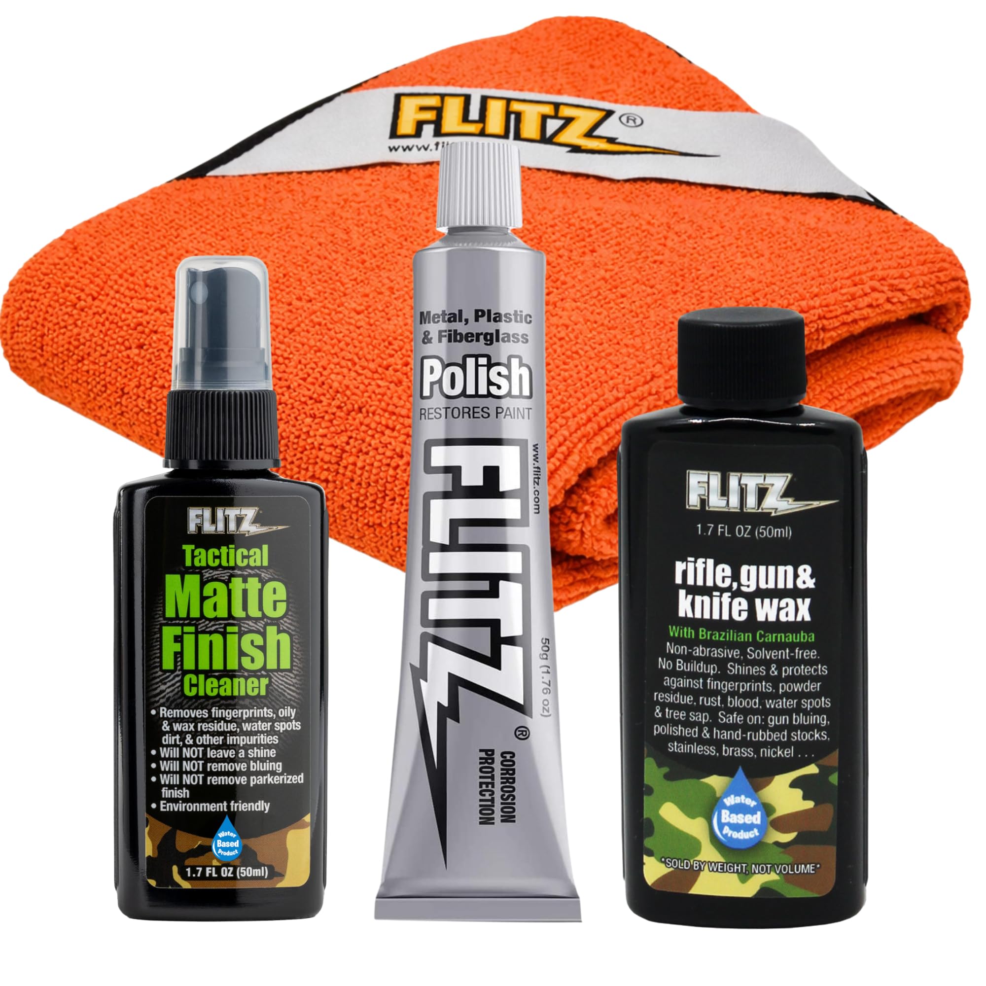 Flitz Gun & Knife Maintenance Kit - USA-Made All-in-One Knife Cleaner & Polishing Tools - Includes 1.76oz Polish, 1.76oz Wax, 1.7oz Matte Finish Cleaner, & Microfiber Cloth - Gun Cleaning Kit