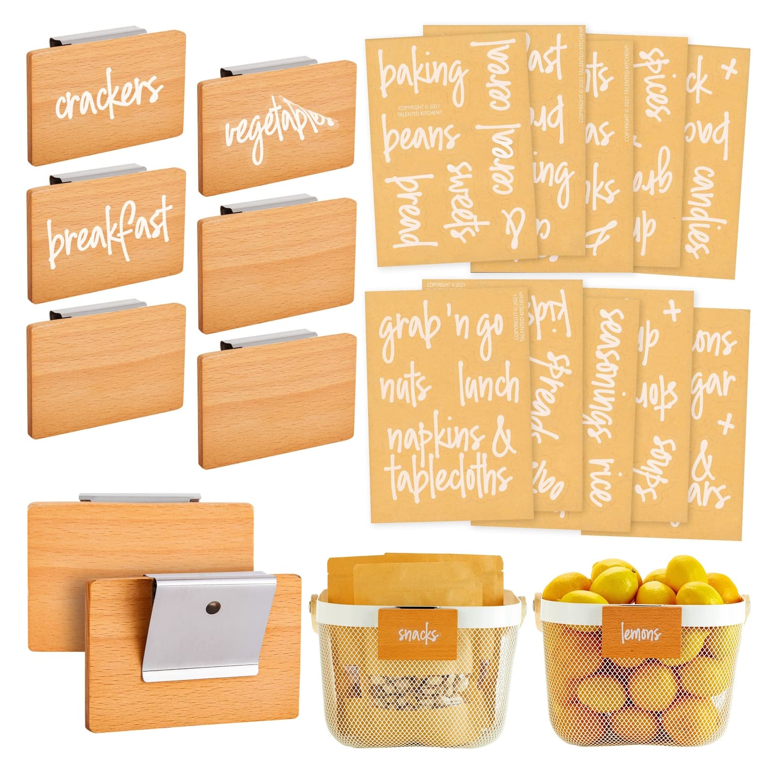 Talented Kitchen Set of 8 Wooden Clip On Pantry Label Holders for Storage Bins + 70 Preprinted White on Clear Script Stickers for Kitchen Organization, Baskets, Containers
