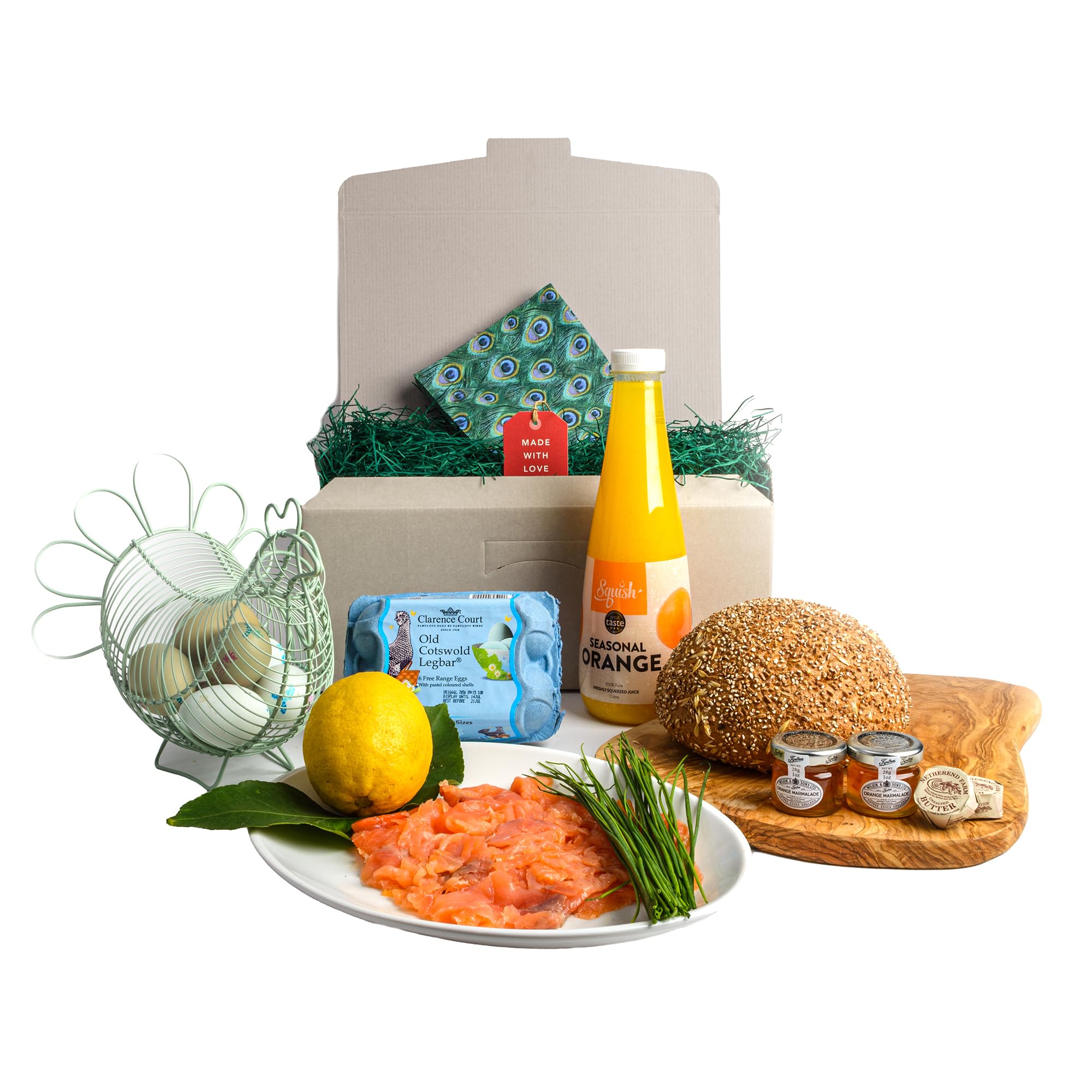 Breakfast Hamper | British Gift Hamper Includes: Smoked Salmon, Eggs, Butter, Bread, Marmalade, Chives, Fresh Orange Juice & Napkins | Traditional English Breakfast Gift Set | Breakfast in Bed