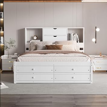 Queen Size Platform Bed, Queen Bed Frame with Storage Headboard and 8 Drawers, Easy Assembly, Modern Solid Wood Bed Frame, Includes Installation Manual, White