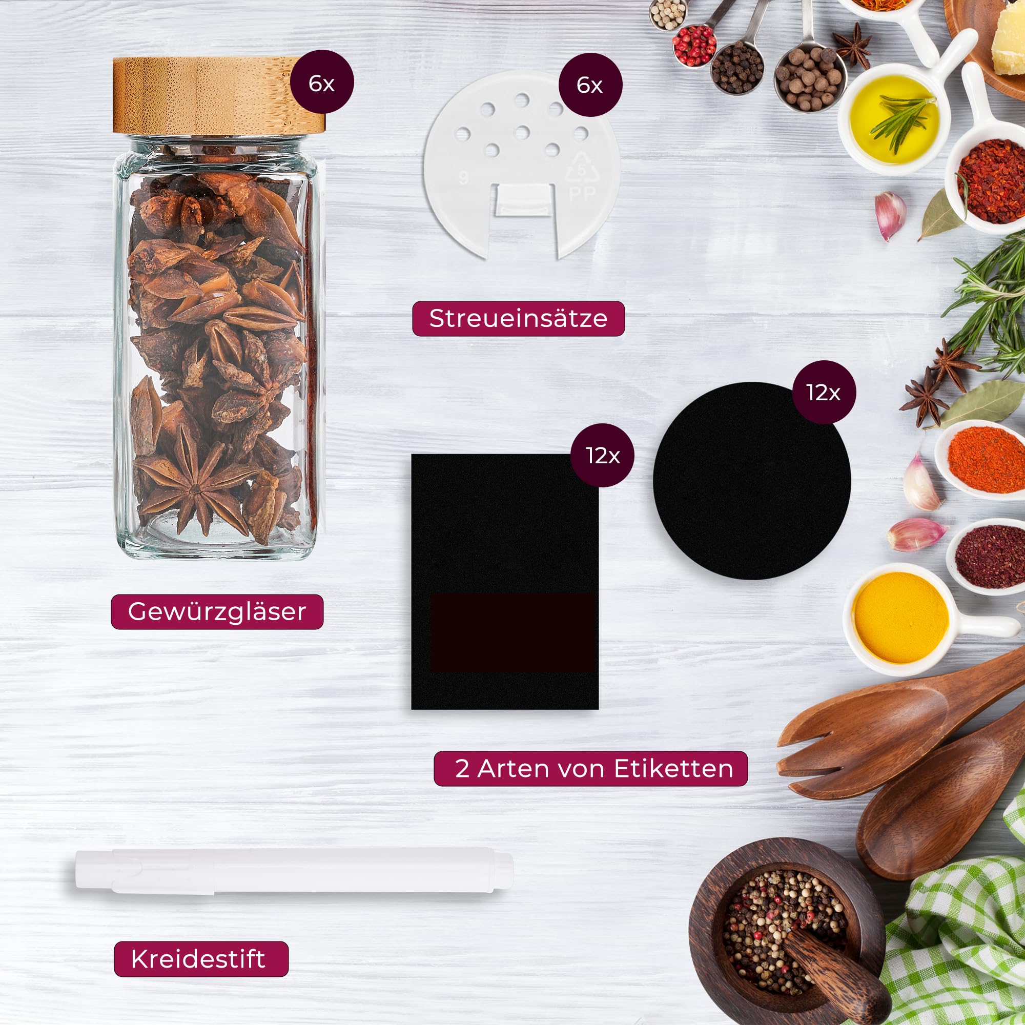 Lot de 6 pots à épices carrés de 120 ml avec saupoudreur, couvercles en bambou, étiquettes en noir, pour ranger les épices, pots à épices
