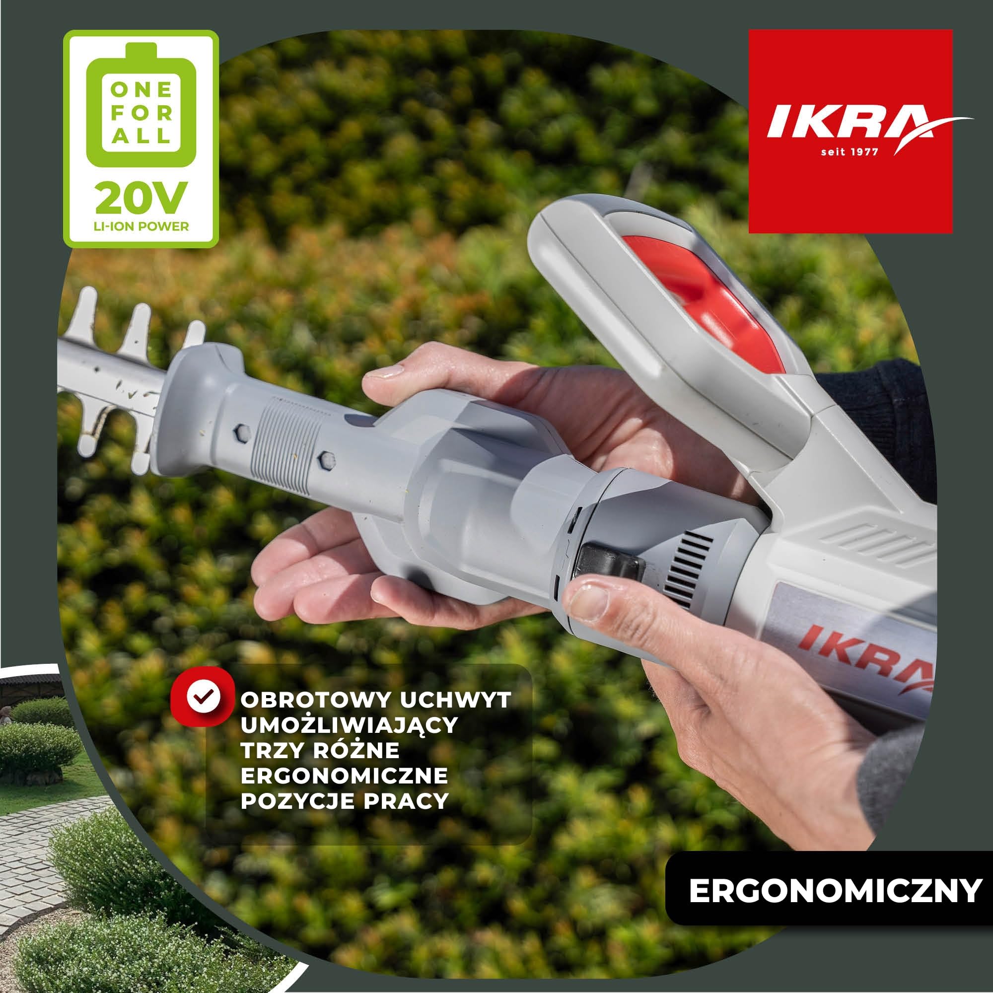 IKRA 2w1 Nożyce do żywopłotu ICPH 2050, 2 akumulatory, szybka ładowarka | Do zwykłych żywopłotów lub wysokich z funkcją teleskopową, pasek na ramię, kompatybilna z systemem akumulatorow IKRA 20 V