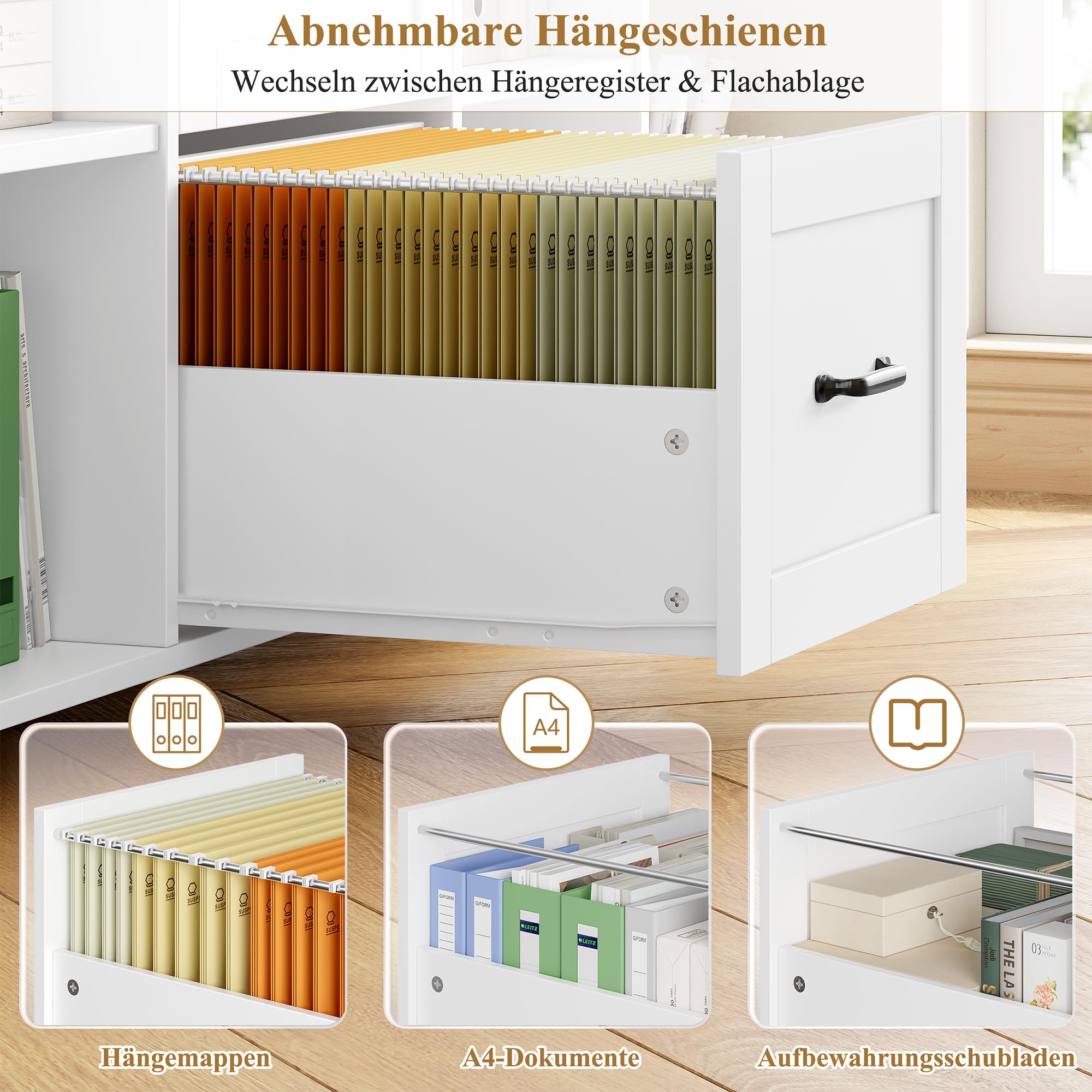 HOCSOK Aktenschrank, Rollcontainer mit Steckdosen, Schubladenschrank mit Rollen, 108*37.8*76, 5 Rollen, Druckertisch, Bürocontainer aus Holz für Hängeregistratur im A4, Legal, Letter, Homeoffice, Weiß