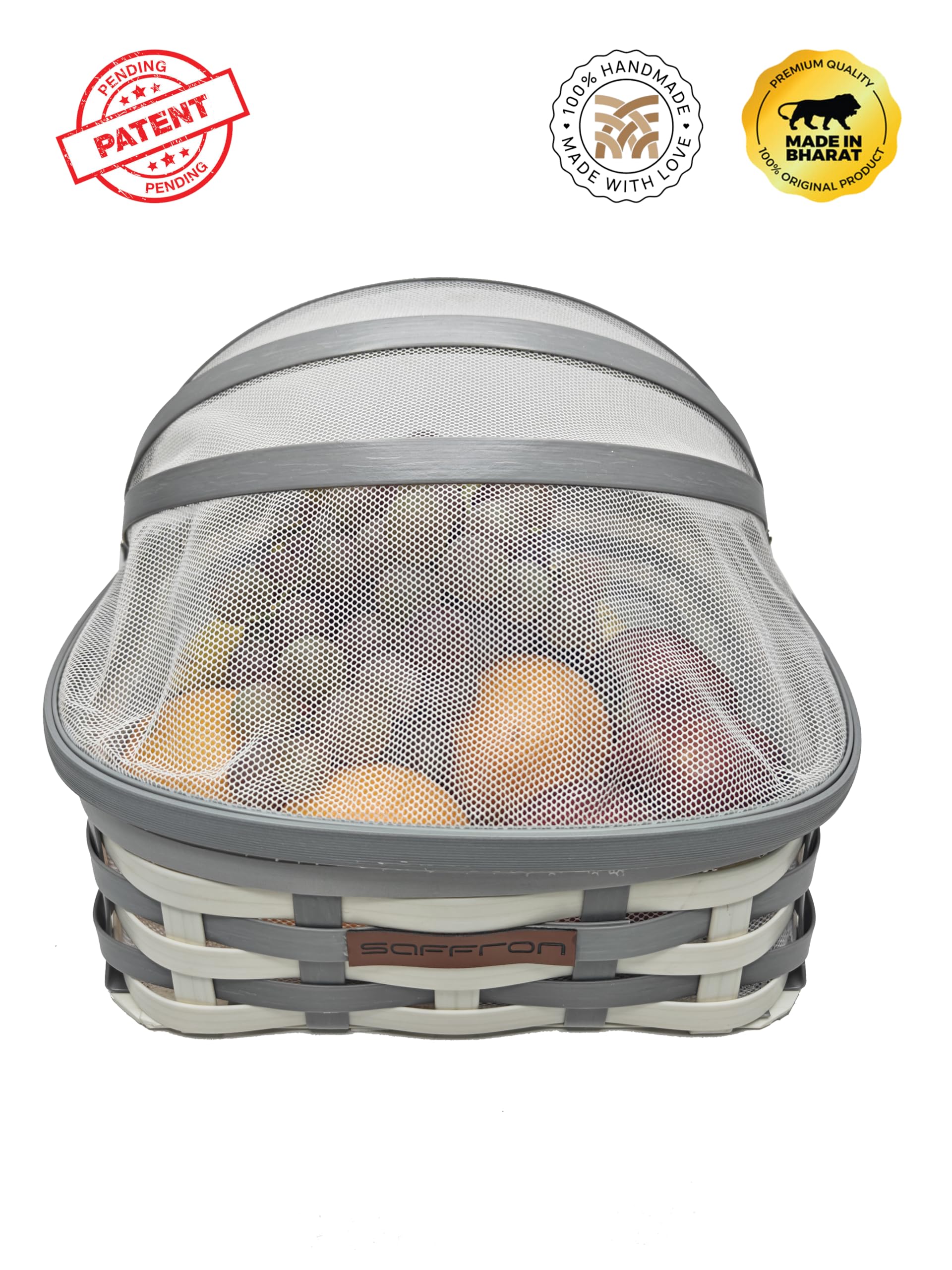 SSaffron Décor Fruit Basket for Dining Table with Lid & Net Cover | Fruits Storage Basket with Net to Protect from Dust, Mosquitoes & Fruit Flies, great gifting option Size : Small (Colour Grey-White) 1