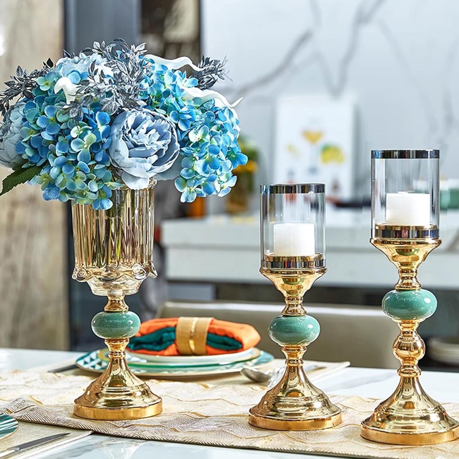 Glass Hurricane Candle Holders: Metal Candelabra with Clear Round Cylinder Lampshade Set of 2 Hurricanes Vase Pillars Holder for Wedding Party Table Centerpiece