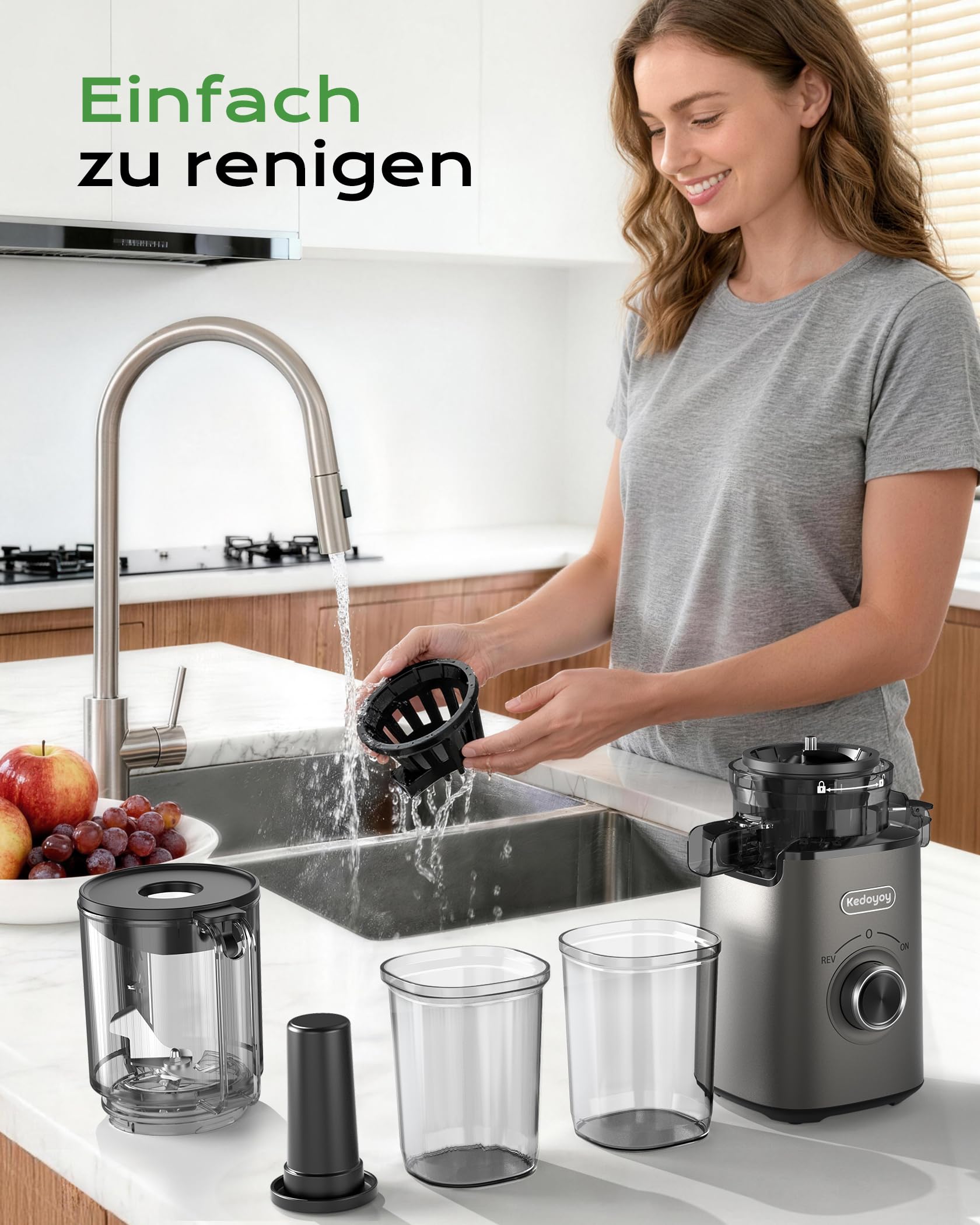 Entsafter Gemüse und Obst Testsieger, Slow Juicer mit 130 MM XL-Einfüllschacht, 600 mL Saftbehälter, Elektrische Juicer Machine für Familien, Gesundheitsbewusste