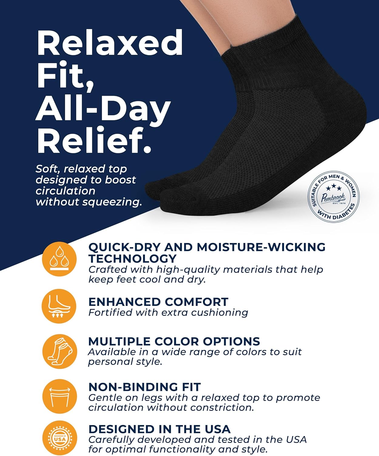 Pembrook Ankle Diabetic Socks for Women & Men | 6 Pairs | Wide Non Binding Socks Quarter Length | Edema Neuropathy Socks - Image 2