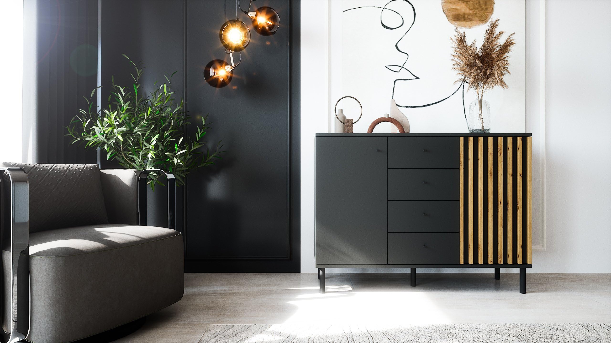 Newroom Kommode mit Schubladen Schwarz Wildeiche Sideboard Flur | Lamellenfront Vintage, 2 Türen und 4 Fächer, Anrichte Highboard modern, Metallbeine, Wohnzimmer Schlafzimmer