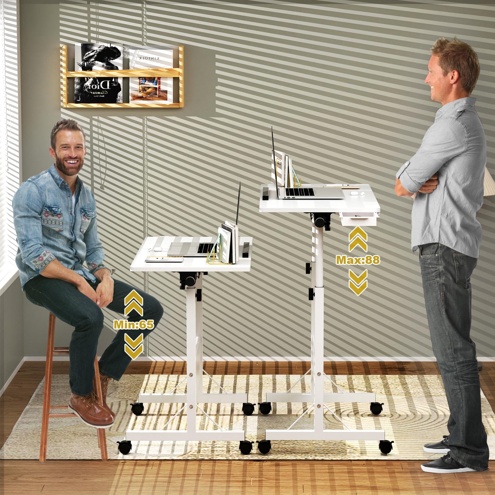 Table de Bureau Pliante Réglable en Hauteur 80x40x65-88 cm, Table de Lit pour Ordinateur Portable avec Roulette, Informatique Pliable pour Domicile, Blanc