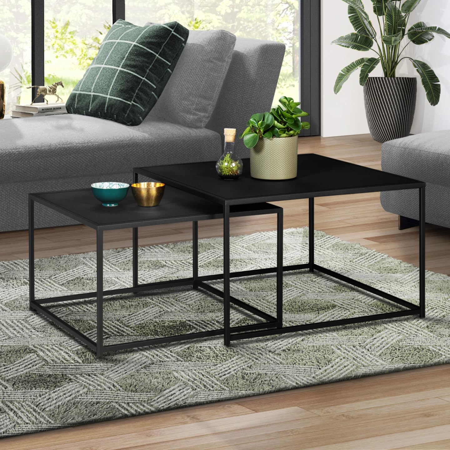 IDMarket - Set di 2 tavolini DAVIS 60/70 in metallo nero opaco, design industriale