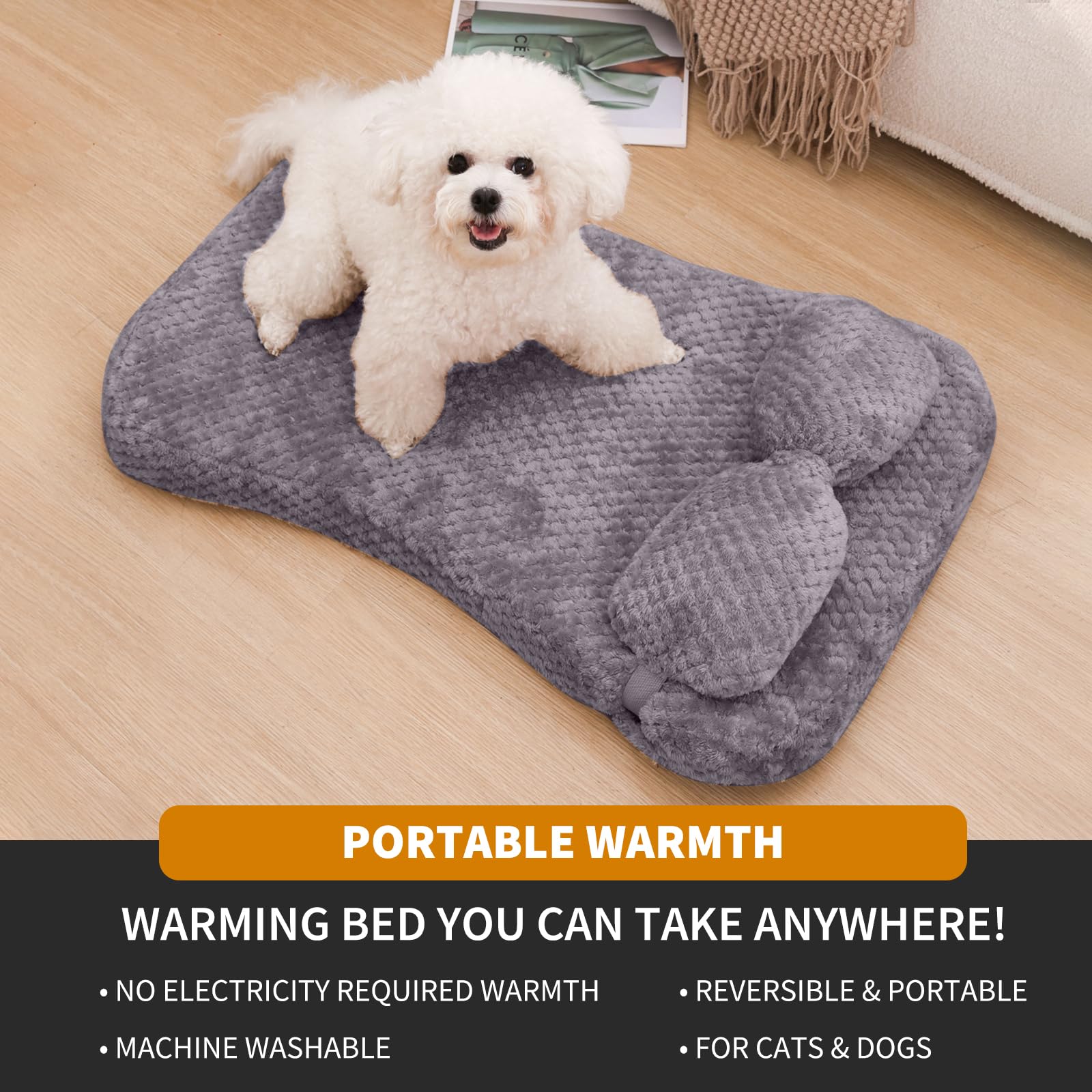 PETCUTE Tapis Chat Tapis Chauffant Chat sans Électricité - Tapis Chien Lavable, Coussin Fixe Intégré, Housse Amovible Lavable en Machine Et Surface Antidérapante，S-Gris
