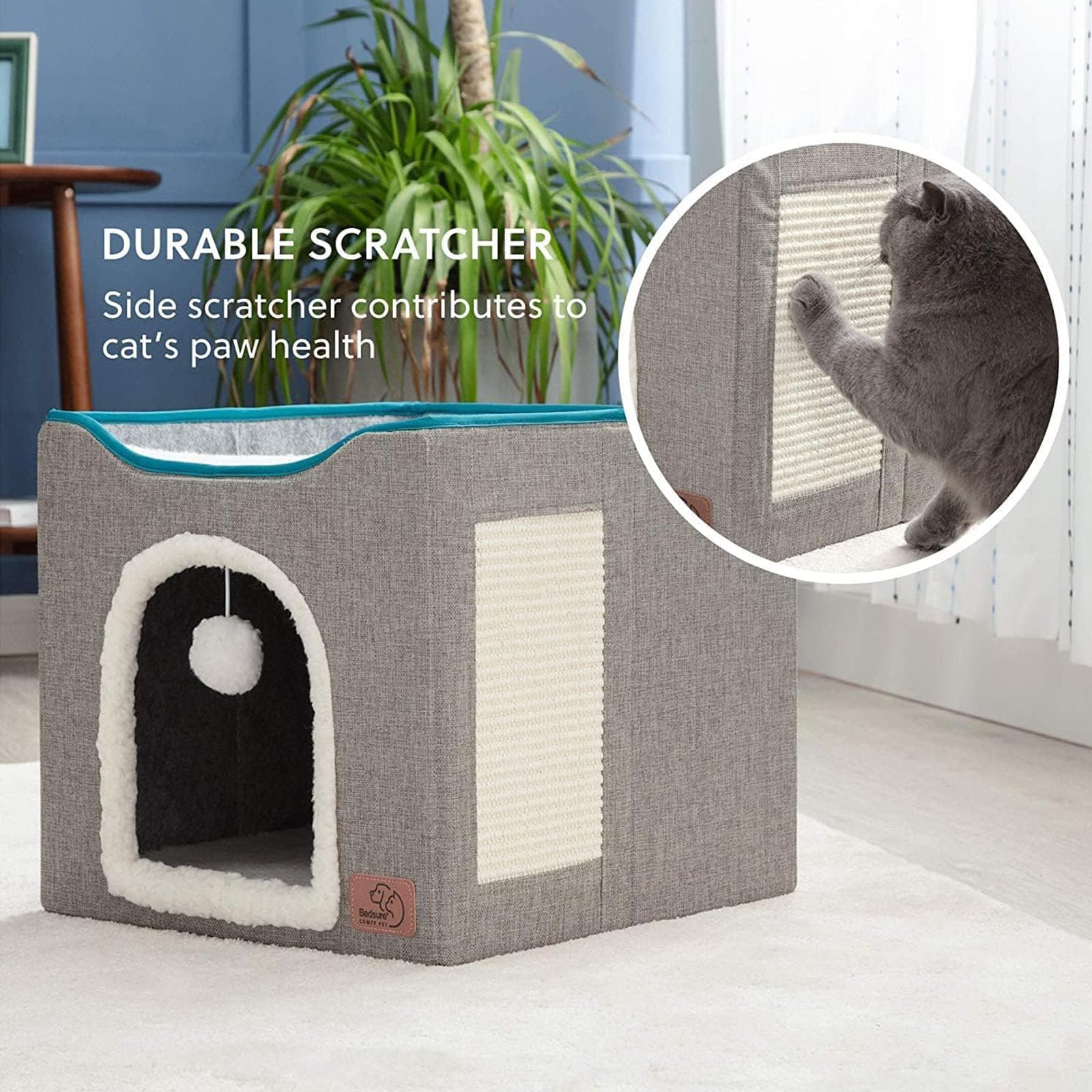 بيت وسرير قطط بحجم L قابل للطي مزود بلوح للخدش معلق وبكرة منفوشة من تبسيتنس، مقاس 41×41×35 سم لون رمادي