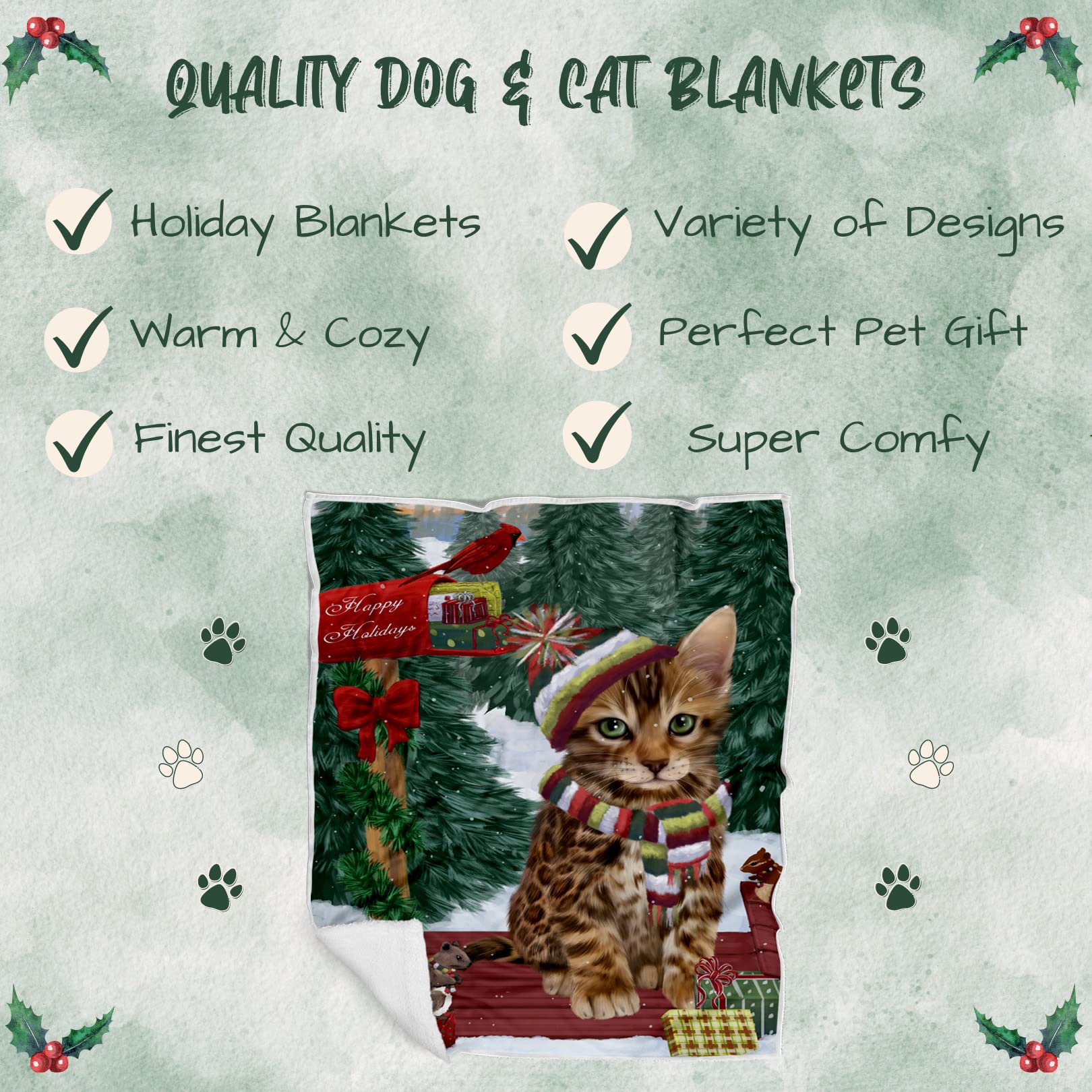 Doggie of the Day Bengal Cat Blanket - Merry Christmas Woodland Sled - Super Soft & Warm Pet Theme for Sofa or Bed, Warm Fleece, Sherpa or Woven Material, BLNKT50406 (30x40 Fleece)