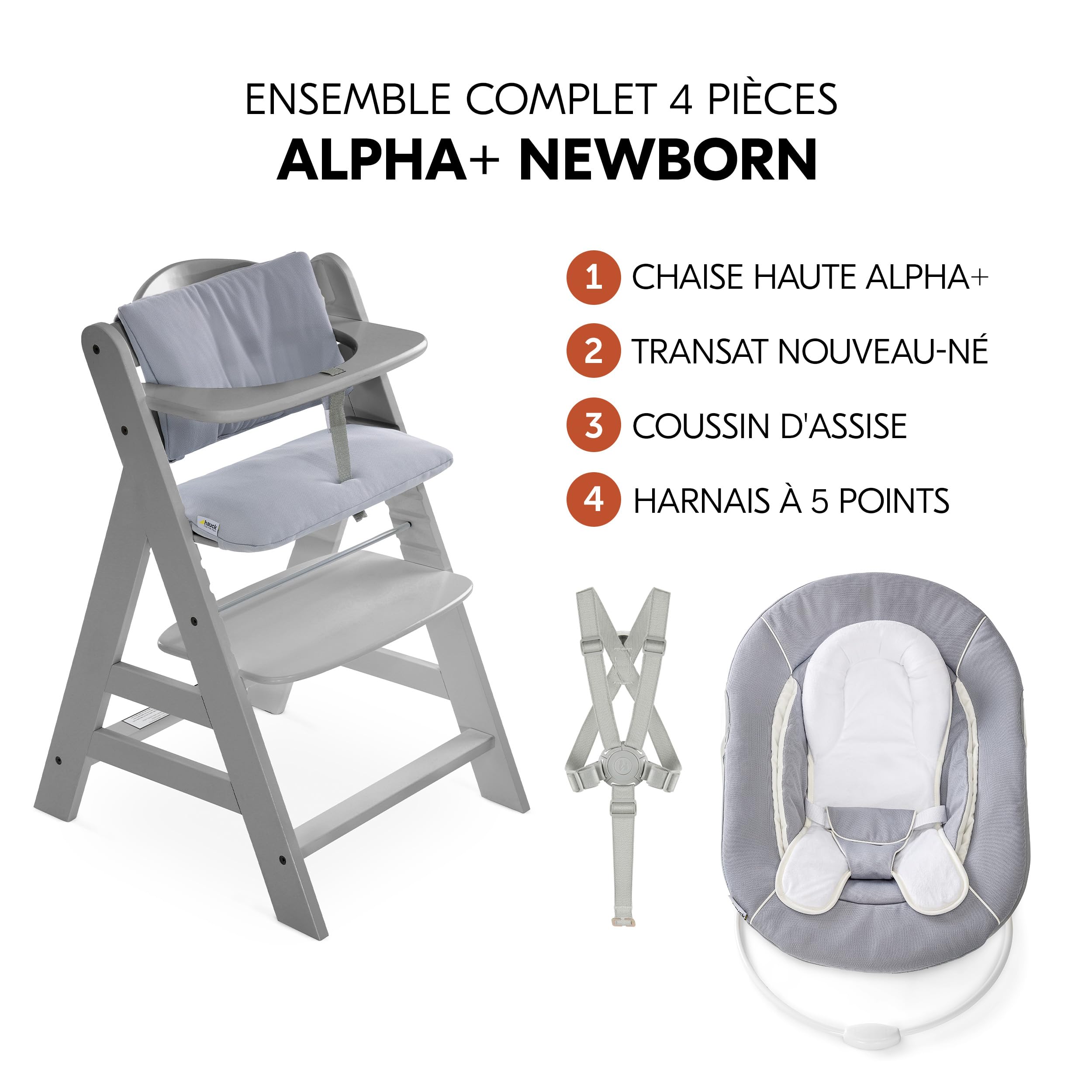 hauck Chaise Haute Bébé Alpha+ avec Siège Nouveau-Né 2 en 1 - Grey | Chaise haute évolutive en bois, de la naissance à 90 kg, inclus assise bébé, coussin et harnais 5 points