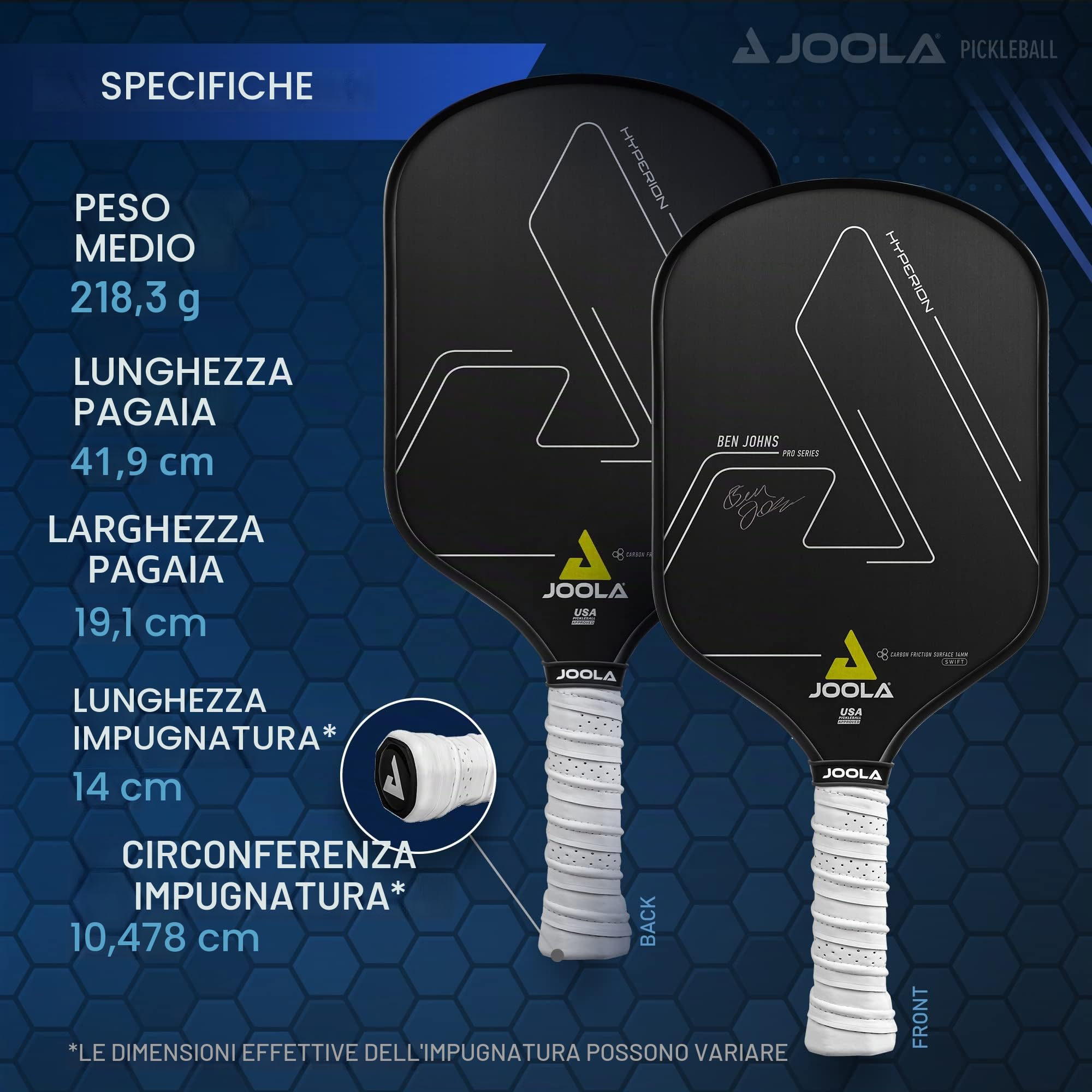 Joola Ben Johns Hyperion CFS 16 mm Swift Pickleball Paddel – USAPA zugelassen für Turnierspiele – Carbonfaser Pickle Ball Schläger – maximale Geschwindigkeit mit hoher Körnung und Spin