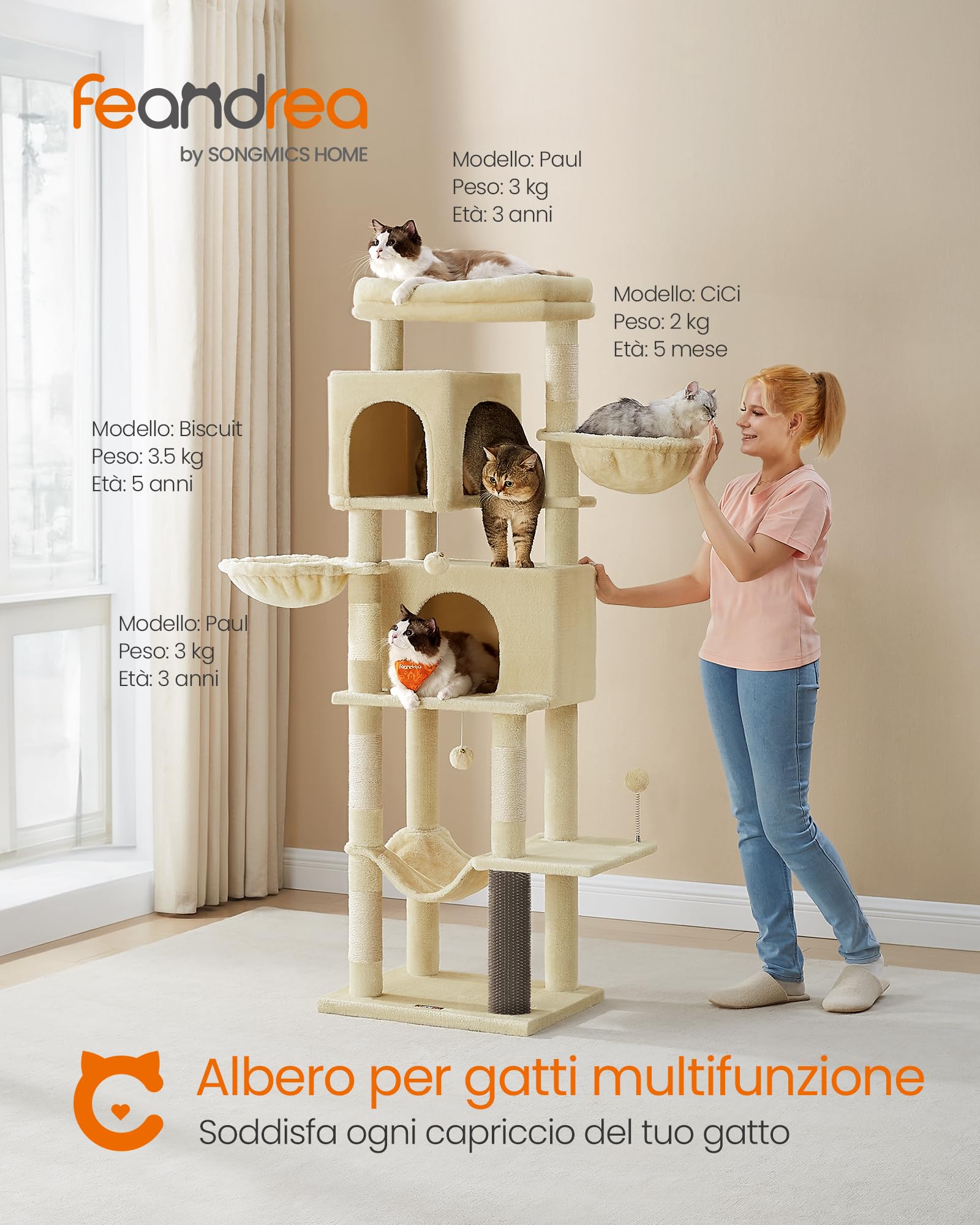 Feandrea Albero per Gatti Grande, Torre Tiragraffi Alto 175 cm, Multilivelli con 2 Grotte, 2 Cestini, 5 Graffiatoi, Autospazzola, Trespolo, Amaca, Beige Sabbia PCT182Y01